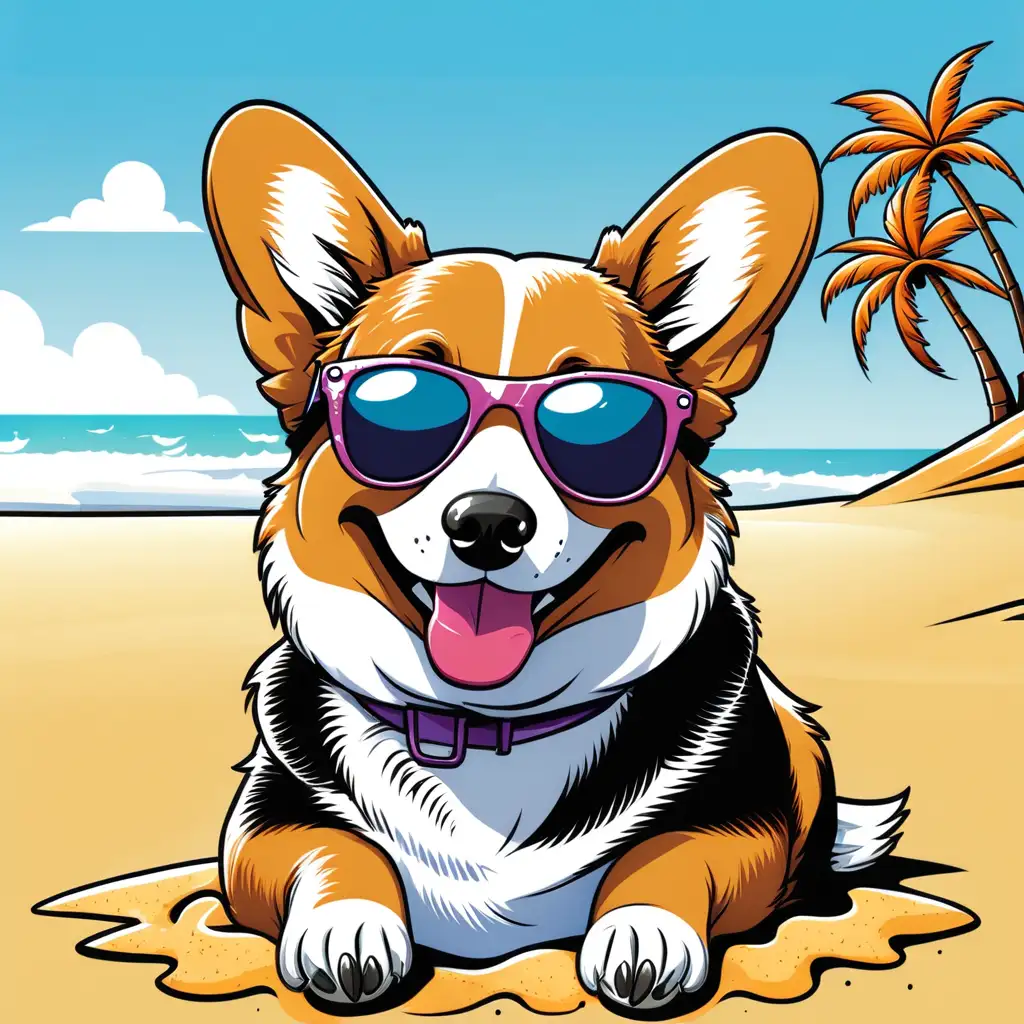 Cartoon Corgi Enjoying Beach Day with Stylish Sunglasses