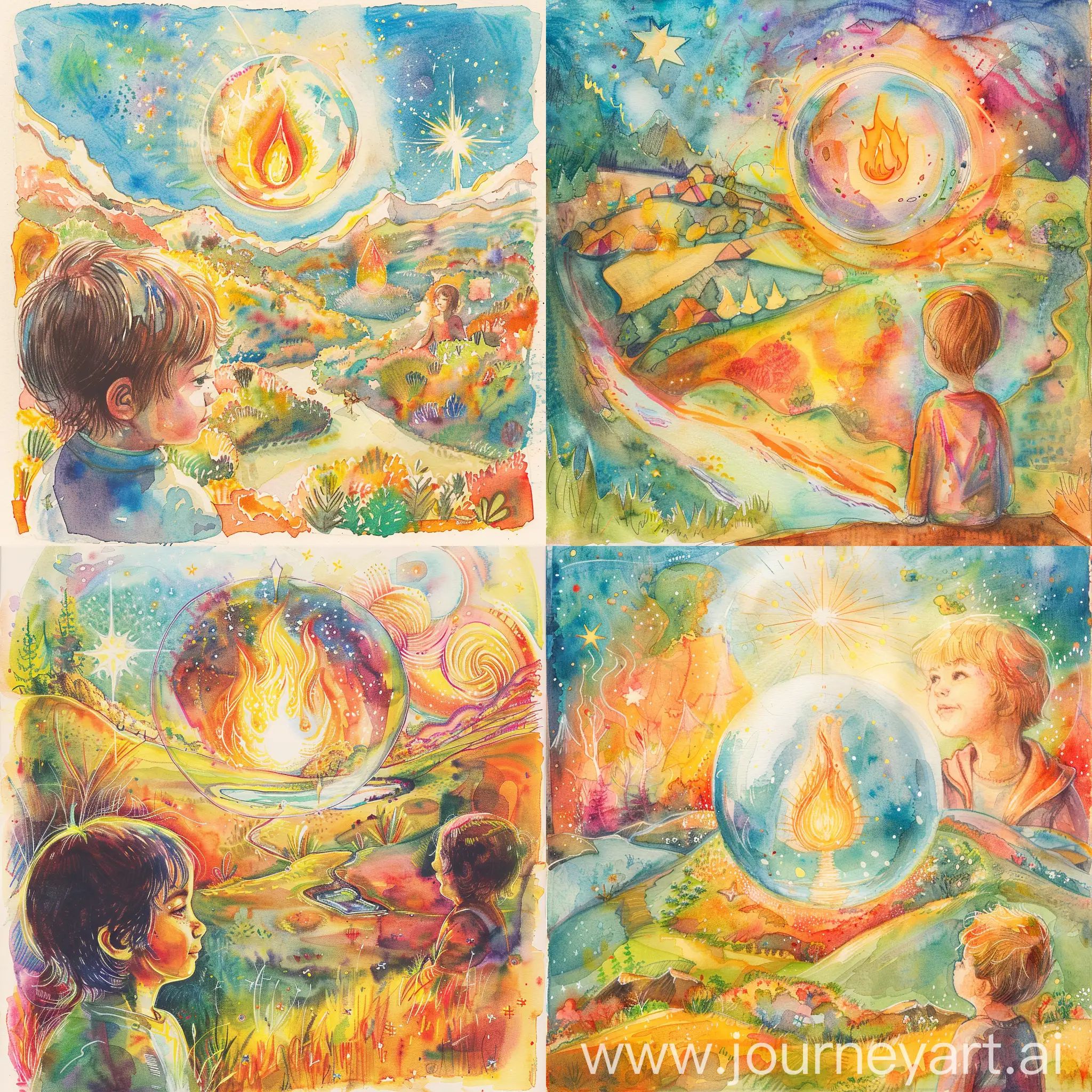 Watercolor illustration of a young child, a flame (focus) inside a glass ball, and a bright star surrounded by a colorful landscape and a child looking at the glass ball on the back.