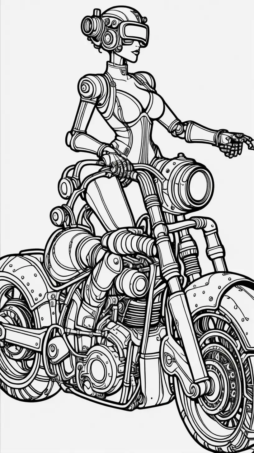steampunk style a sexy robot riding a steampunk motorcycle. , thick clean black lines, coloring book image, cartoon style, minimalist style, 