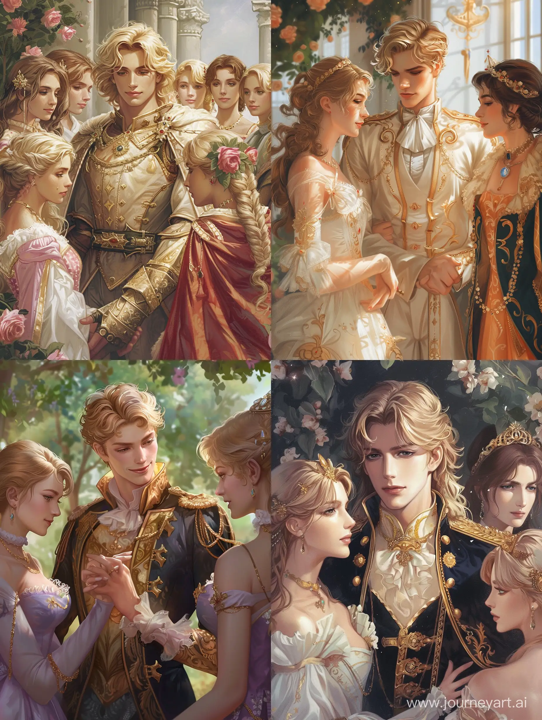 Fantasy romance, Prince with blond hair selecting brides for the prince