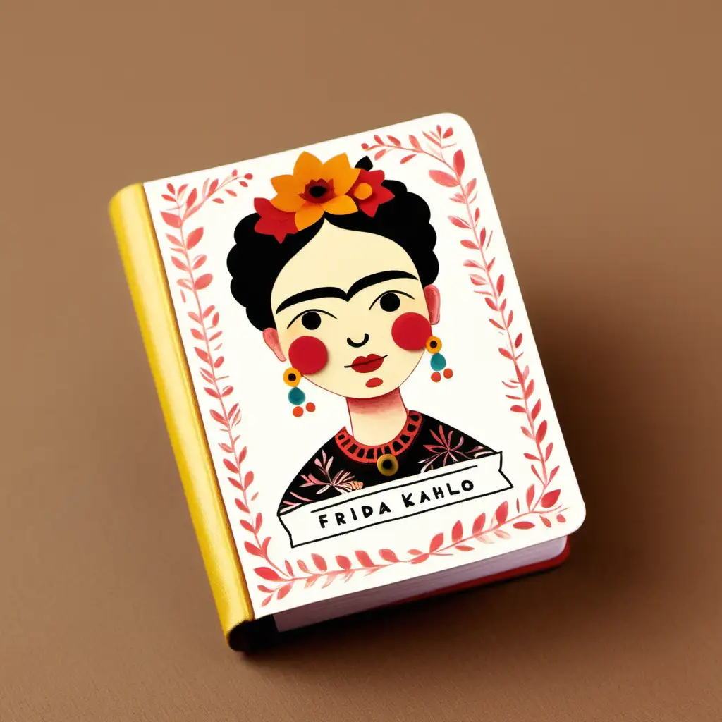 create a miniature, tiny book with a cute illustration of Frida Kahlo on the cover