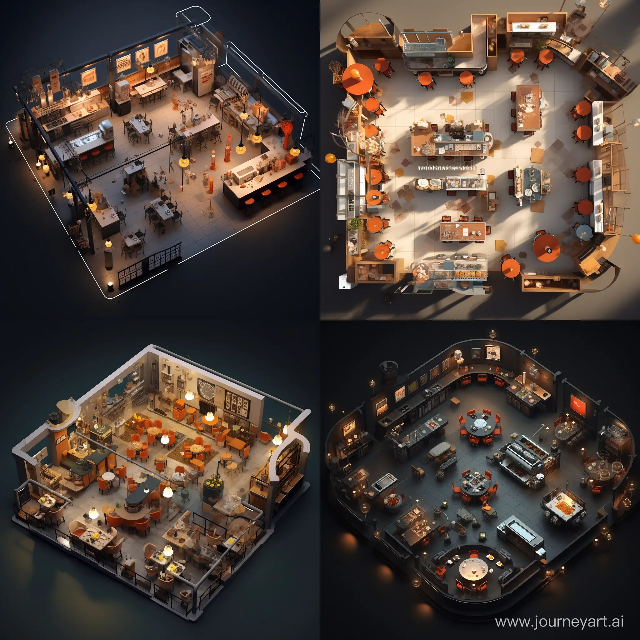 C4D restaurant operation scene, various flows and functions related to goods, 45-degree top-down view
