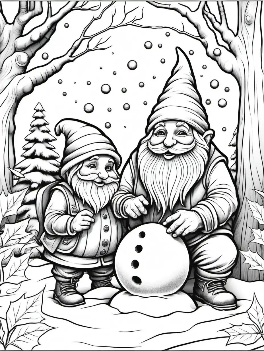 coloring page for adults, gnome building a  snowman, thick lines, low detail, no shading,
