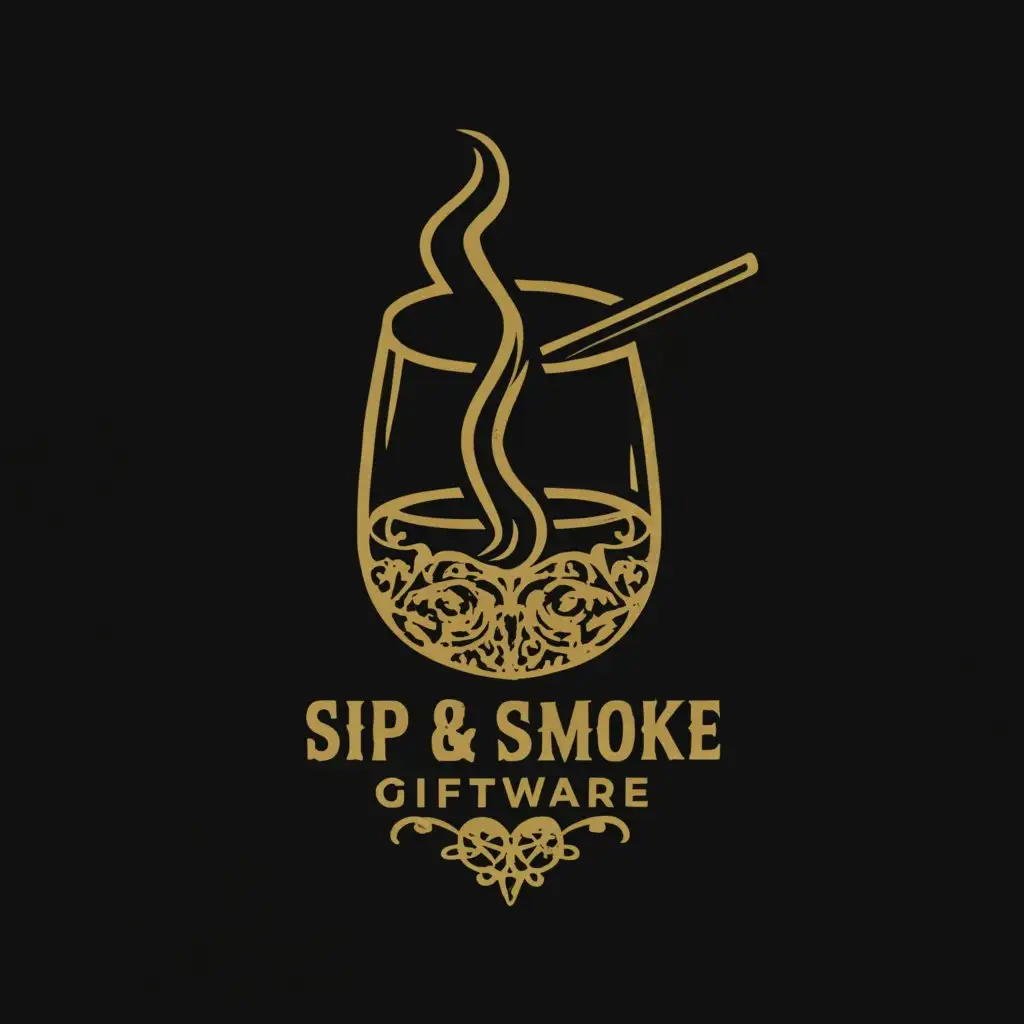 a logo design,with the text "Sip & Smoke Giftware", main symbol:The logo features a stylized combination of a whiskey glass and a cigarette, symbolizing the essence of sipping and smoking pleasures.,complex,clear background