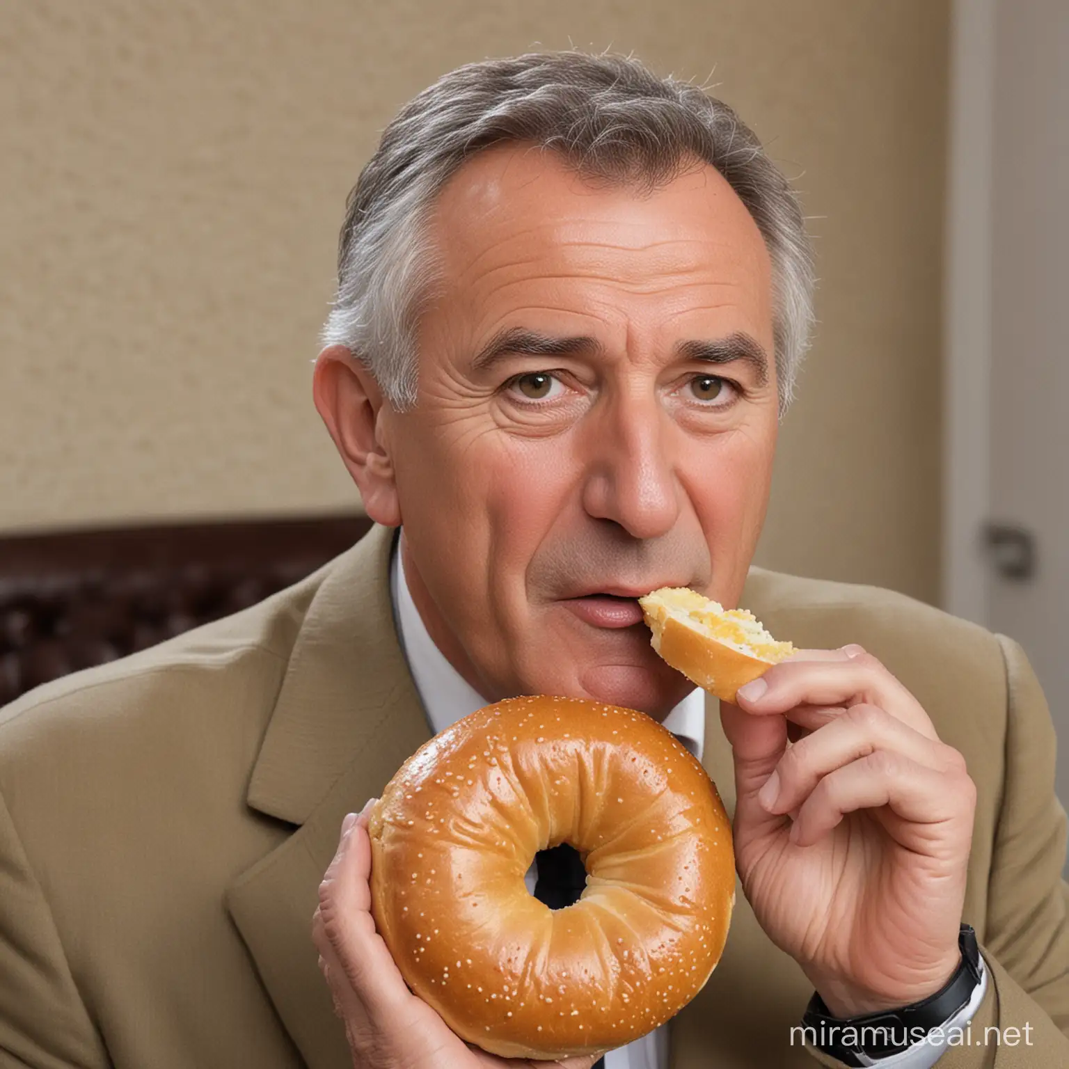 Gérard Darmon qui mange un gros bagel
