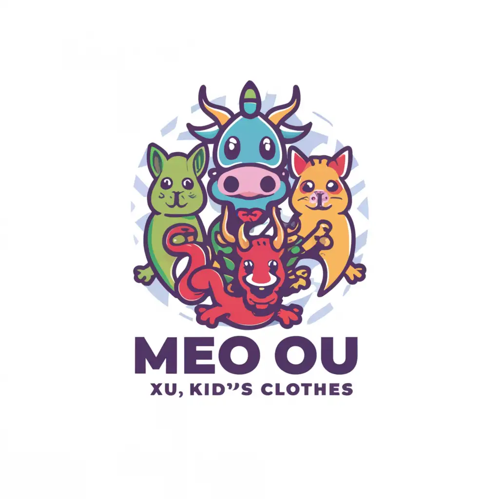 LOGO-Design-for-MEO-U-Kids-Clothes-Playful-Fusion-of-Cat-Cow-and-Asian-Dragon-in-a-Whimsical-Style
