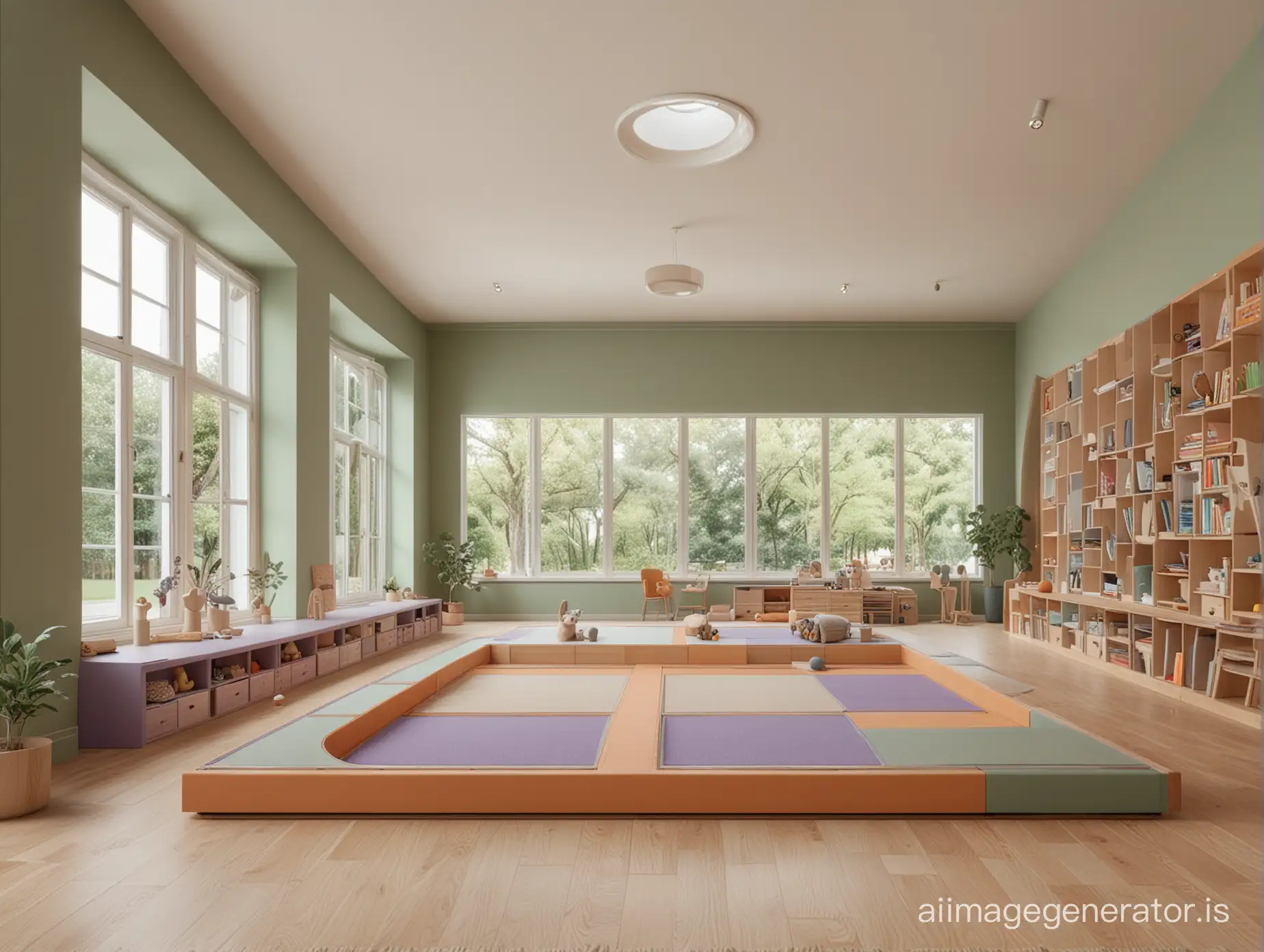 Hyper realistic, paronama perspective interior shot of a Montessori multipurpose activity hall with a platform stage on one end, rectangular windows, playful design, stunning, highly detailed, 8k photo, sage green+beige+muted orange+lavender+cotton silver, kid centric design,  highest detailed, rectilinear room