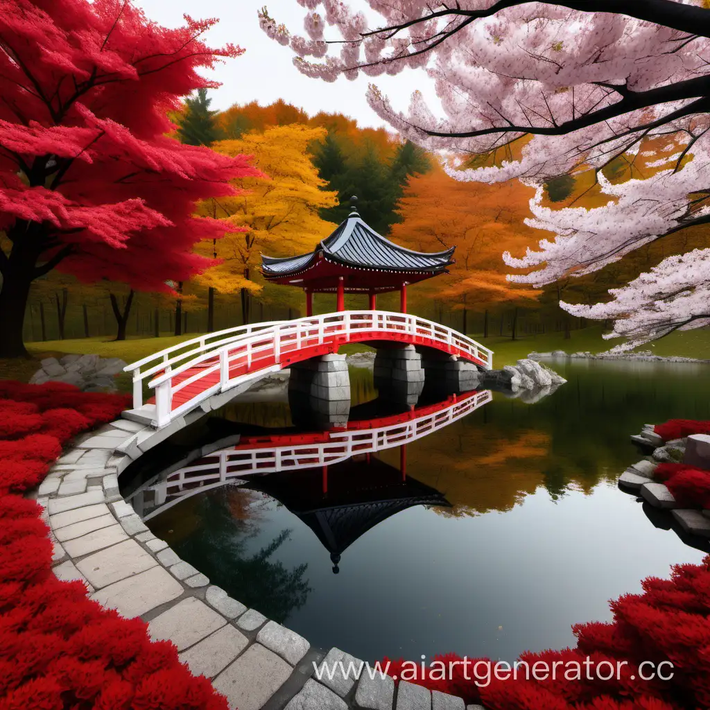 Black lake, alley with red and white flowers, autumn forest, sakura trees around the lake, red gazebo, red bridge, stone pathways