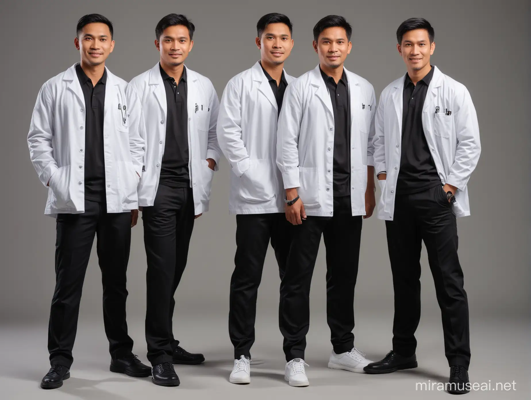 foto full body, grup 3 orang dokter pria indonesia, menggunakan luaran jas lengan pendek warna putih, dalaman kemeja hitam, celana panjang hitam, realistik, foto di studio background polos