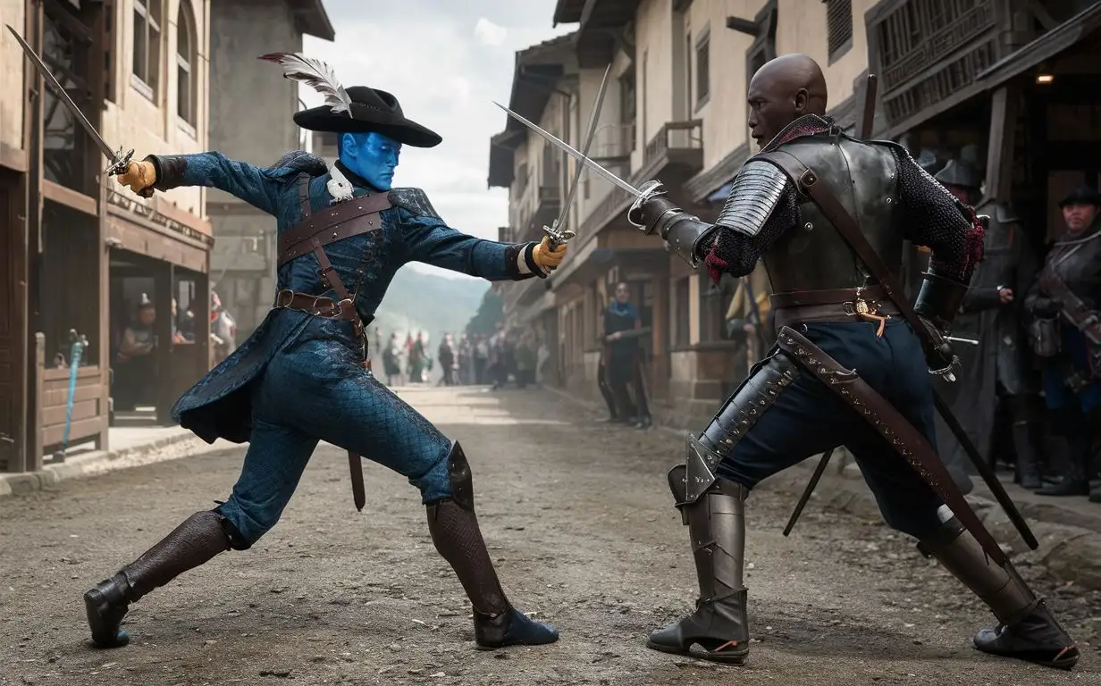 a fight scene in which two characters take part, one is a humanoid of the air genasi race with blue skin, wearing a dark musketeer suit made of snake skin, wearing a dark hat with a bird feather on his head, fighting with two rapiers that he holds in his hands, the other character he is a man with dark skin, bald on the head, wearing armor, armed with a long sword and a shield. The fight takes place on the streets of a medieval town.