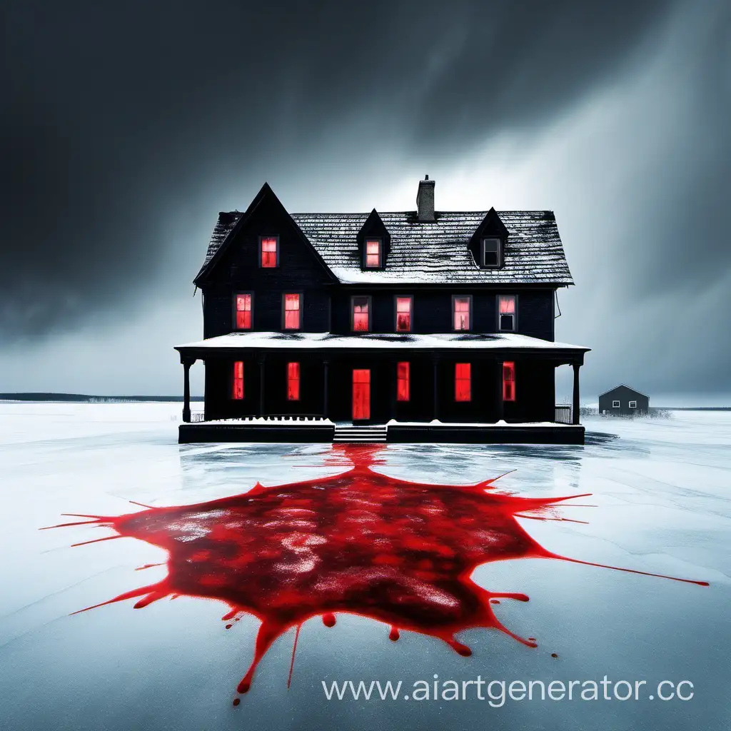 стоит старый черный дом посреди замерзшего льда под домом размазано что то красное