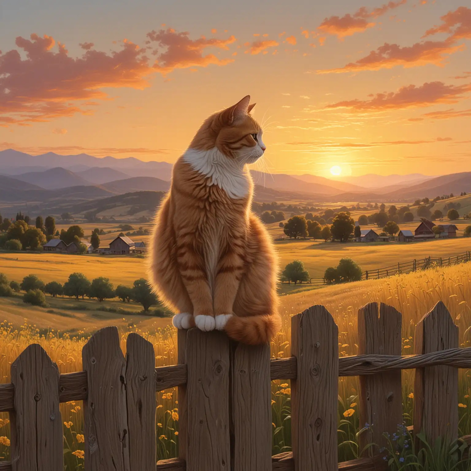 Tranquil Countryside Scene Adorable Cat on Wooden Fence at Sunset
