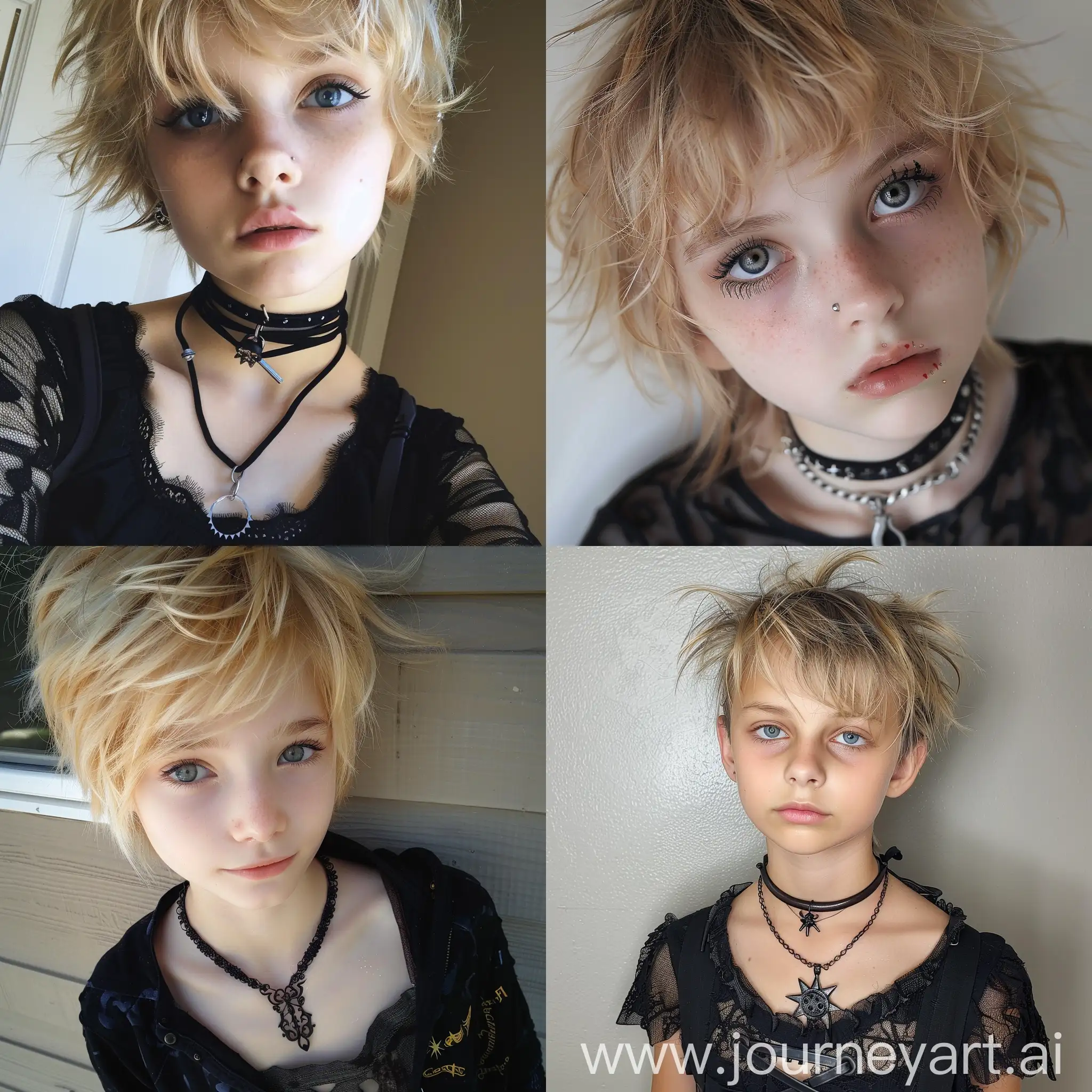 
14 year old girl goth pixie blonde hair ,  blue hazel eyes 

