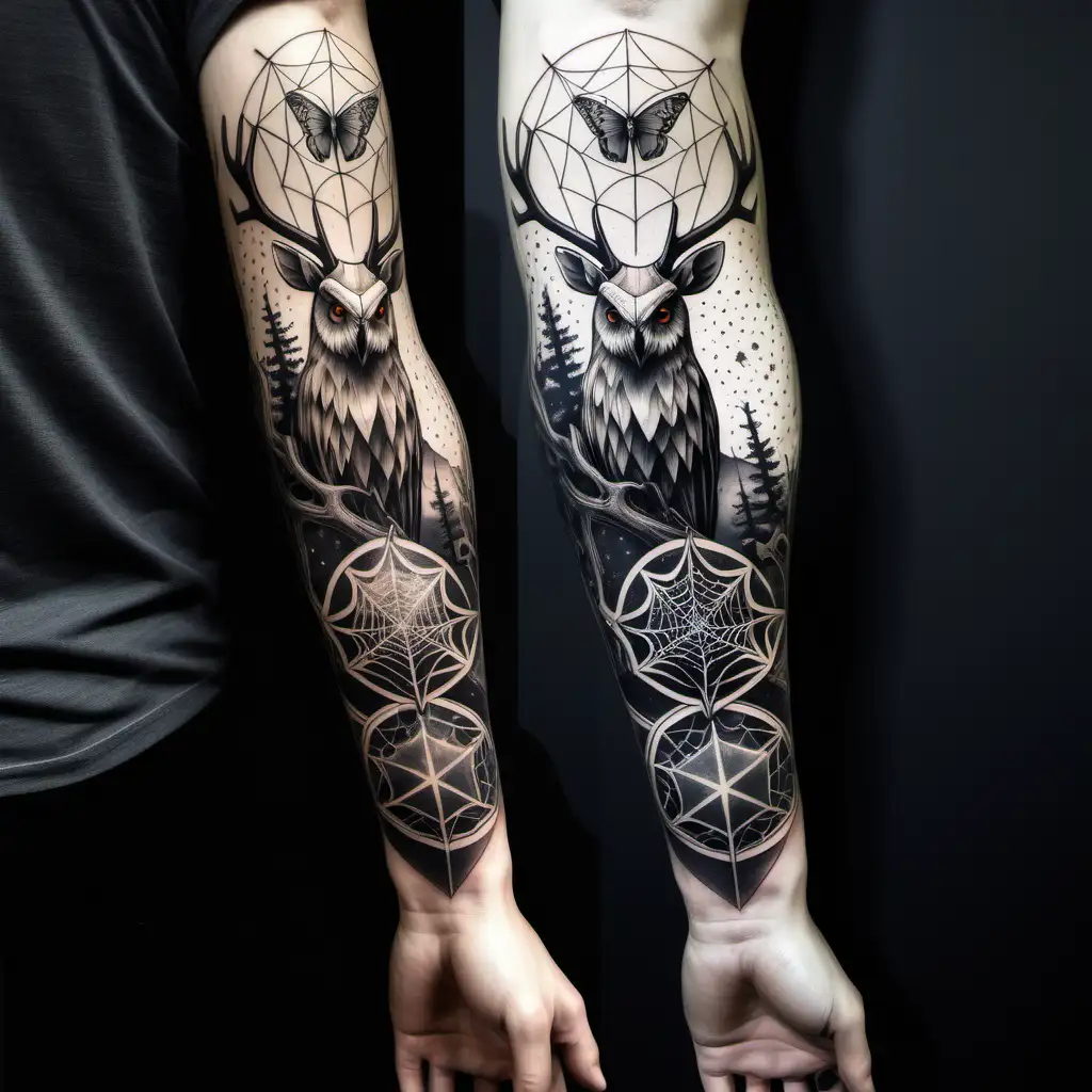A vertical tattoo sleeve featuring a combination of geometric and micro-realism styles. The design includes:\n- At the top: A highly detailed owl with precise line work and shading.\n- In a circular pattern around the owl: The eight phases of the moon, each spaced evenly.\n- In the background: The star constellation of Virgo, softly blending into the overall composition.\n- At the bottom: An elk skull with two sharp and large antlers branching off into trees, capturing the essence of nature.\n- Between the antlers: An octagonal spider web, meticulously crafted, with a trapped butterfly symbolizing freedom.\nThe tattoo should be in black ink, showcasing the intricate details and textures.
