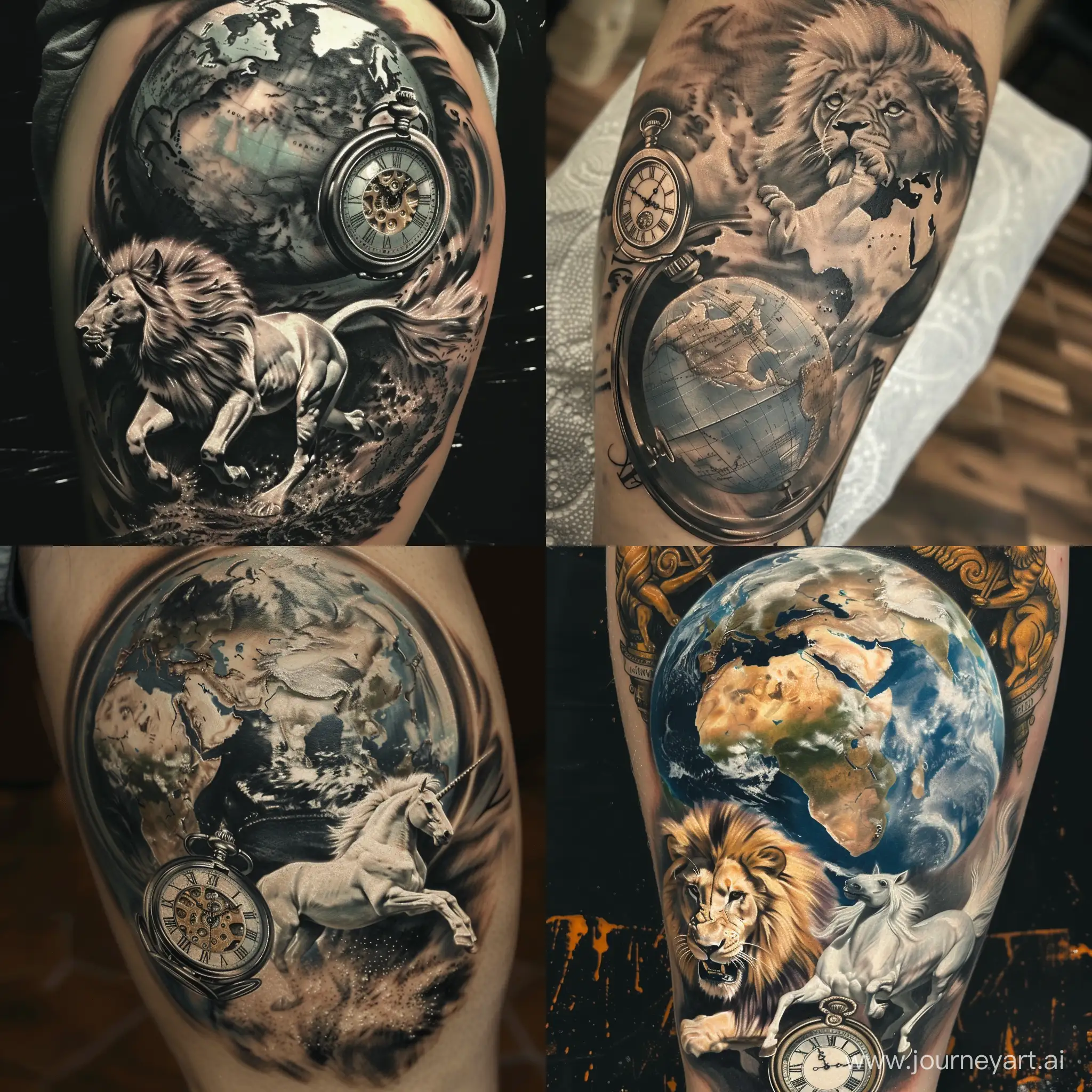 A realism tattoo, globe of the world, a lion, a white horse running towards me, an antique pocket watch