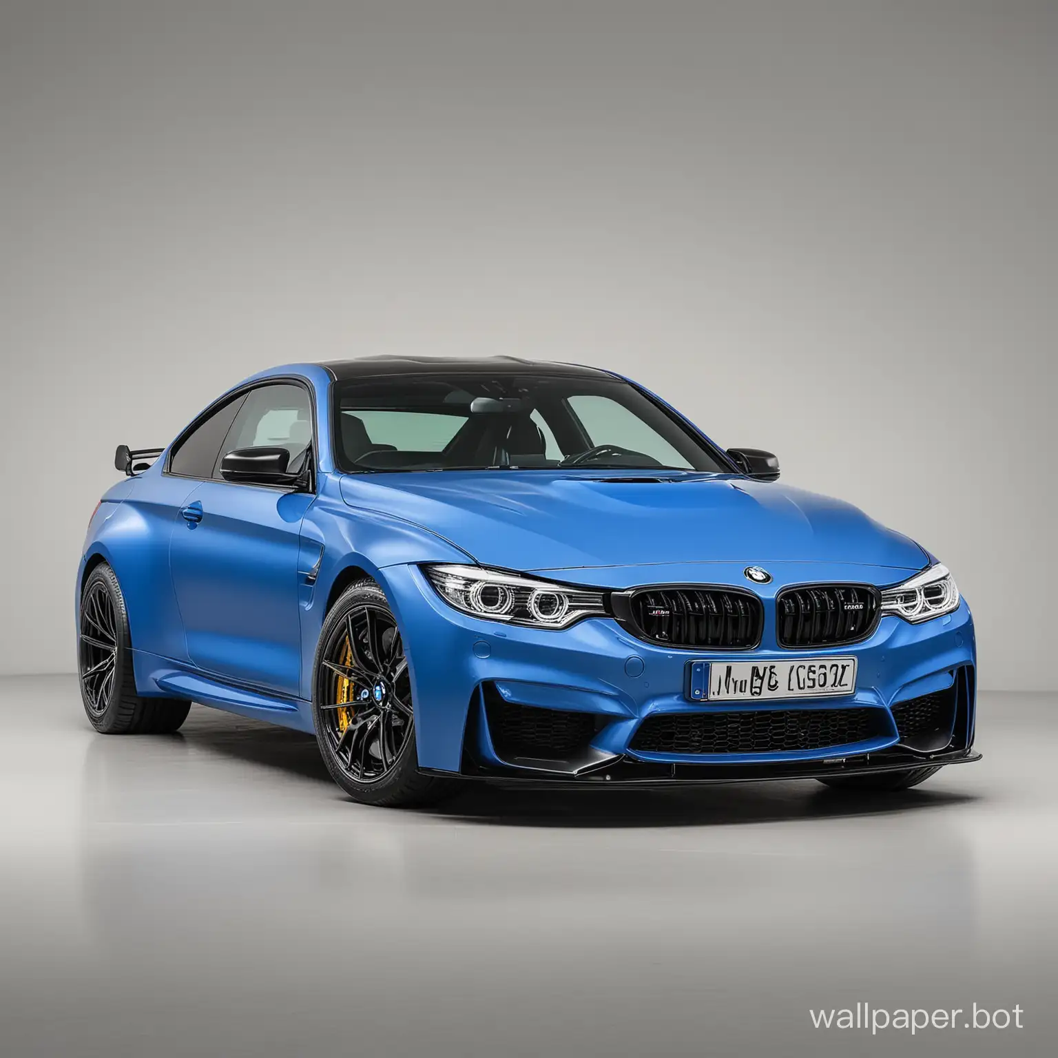 A racing blue BMW M4 without driver and the shot is from the front slightly from the right side with a gray background