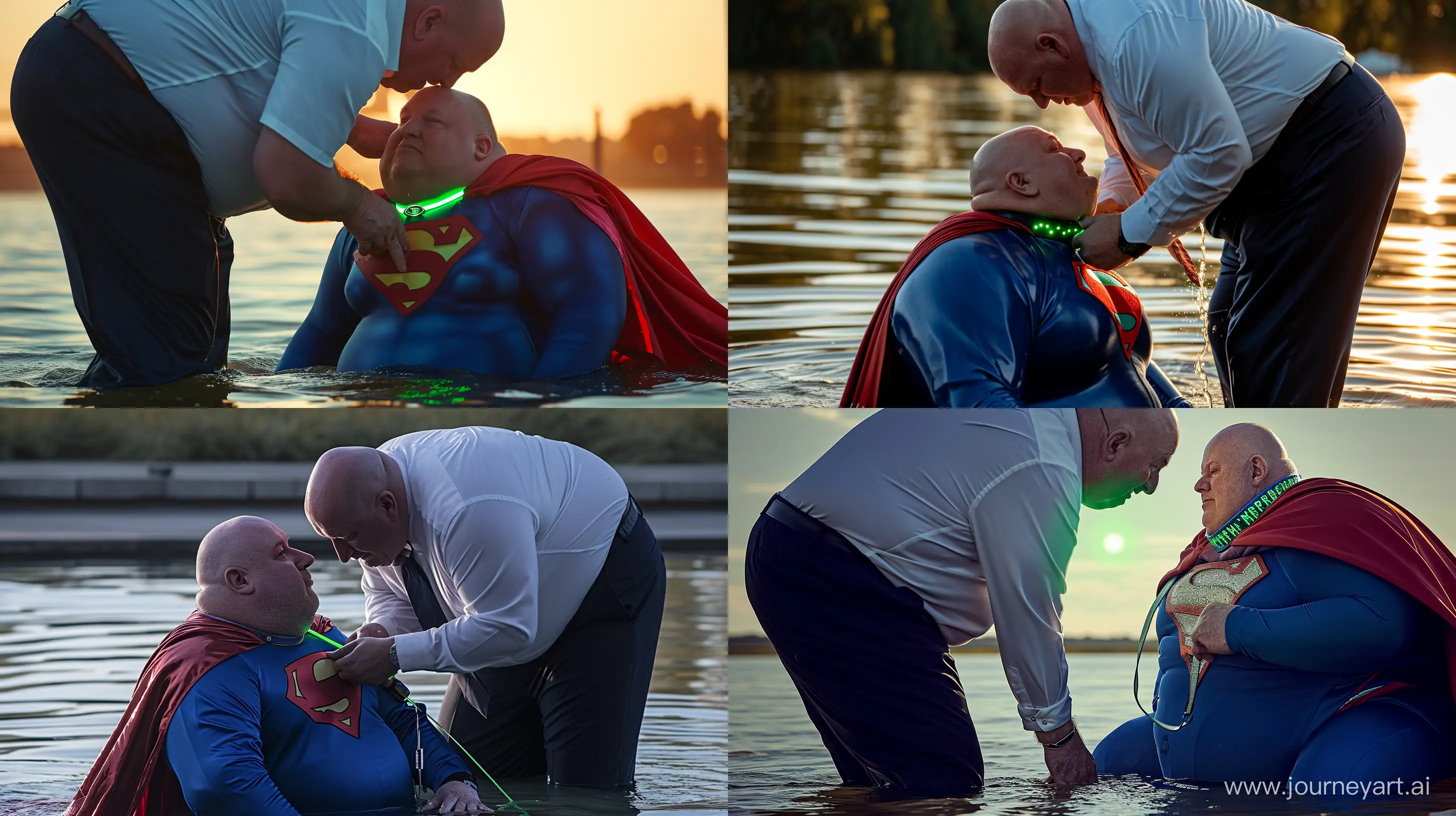 Close-up photo of a chubby man aged 60 wearing silky navy business pants and a white shirt, bending over and tightening a green glowing small short dog collar on the neck of another chubby man aged 60 sitting in the water and wearing a silky blue superman costume with a large red cape. Outside. Bald. Clean Shaven. --style raw --ar 16:9 --v 6