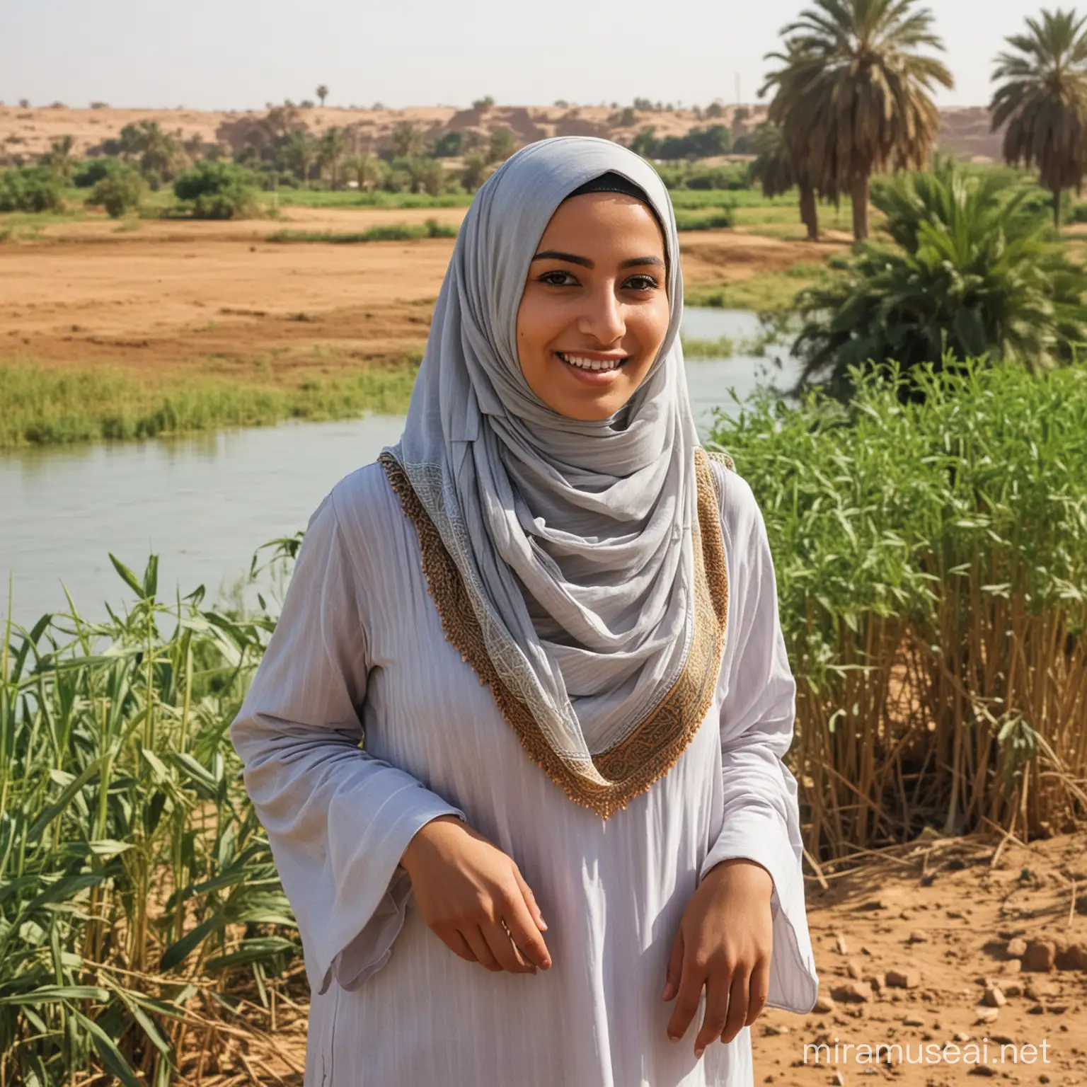 Egyptian Woman in Traditional Hijab Farming Along the Nile River