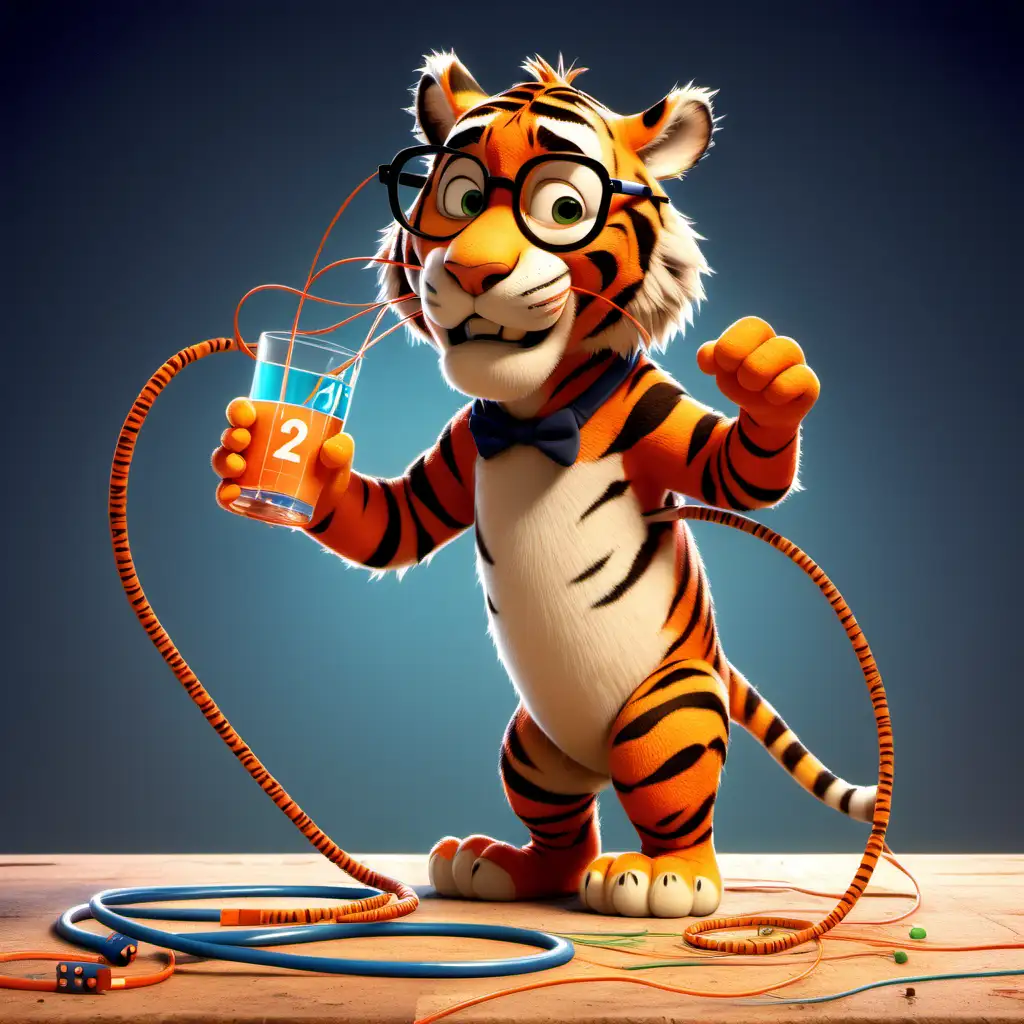Playful Pixar Tiger with Glasses Engaging in Mathematical Delight