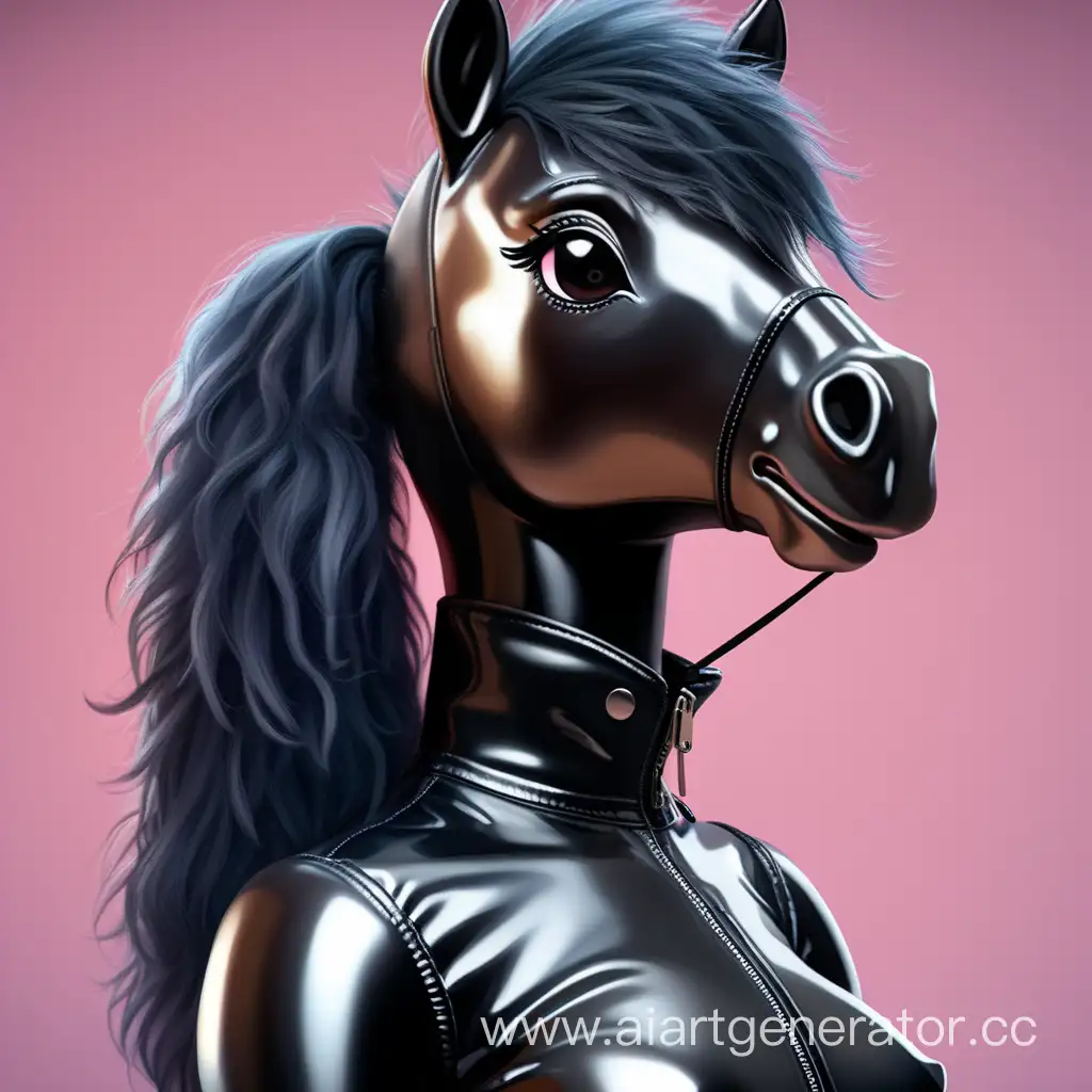 Латексная девушка фурри пони с черной латексной кожей с мордой пони вместо лица. с пышной гривой лошади. Изображение сделать в милой стилистике
