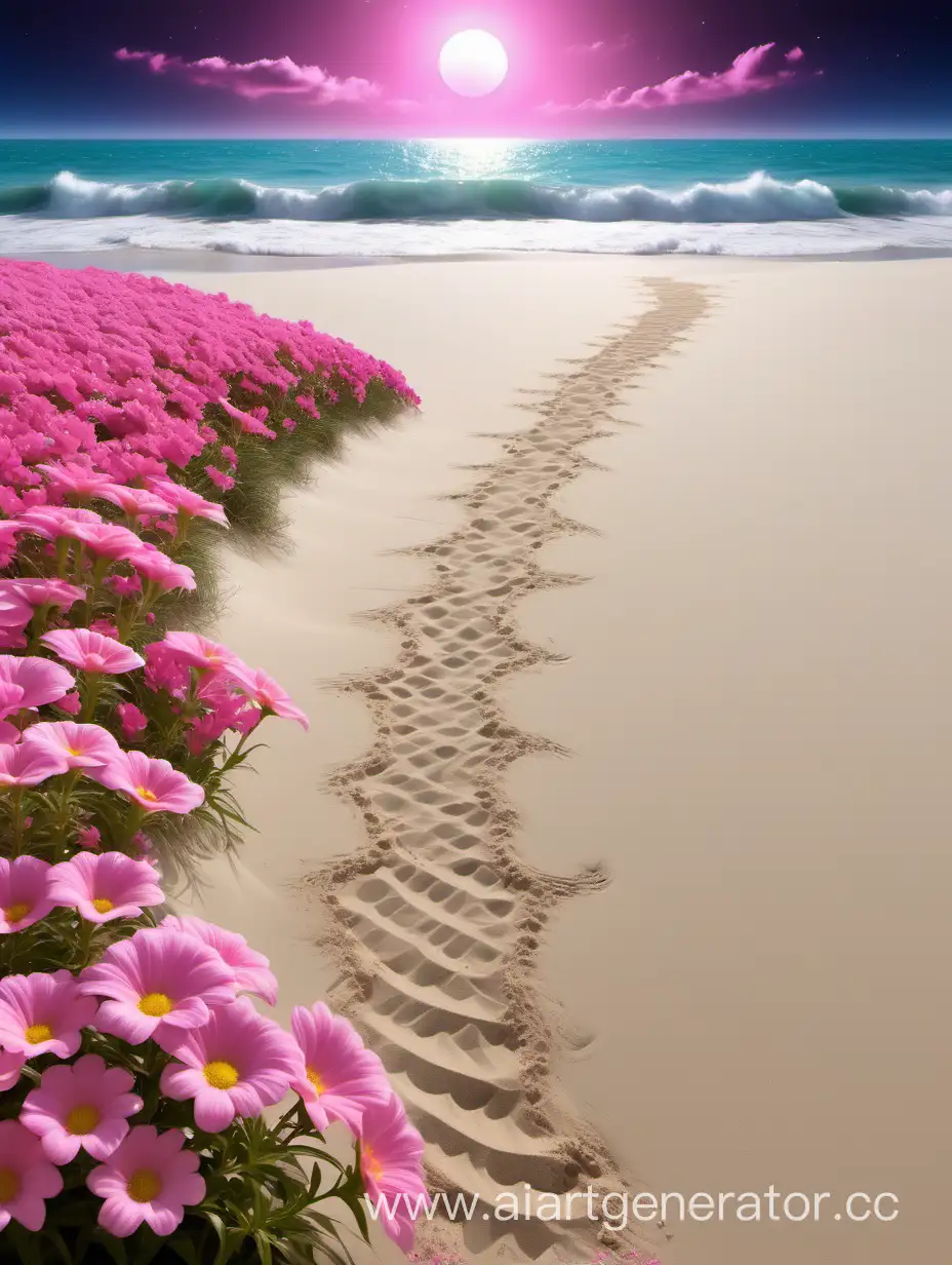 волшебство море яркая и большая луна пороги из песка по бокам розовые цветы

