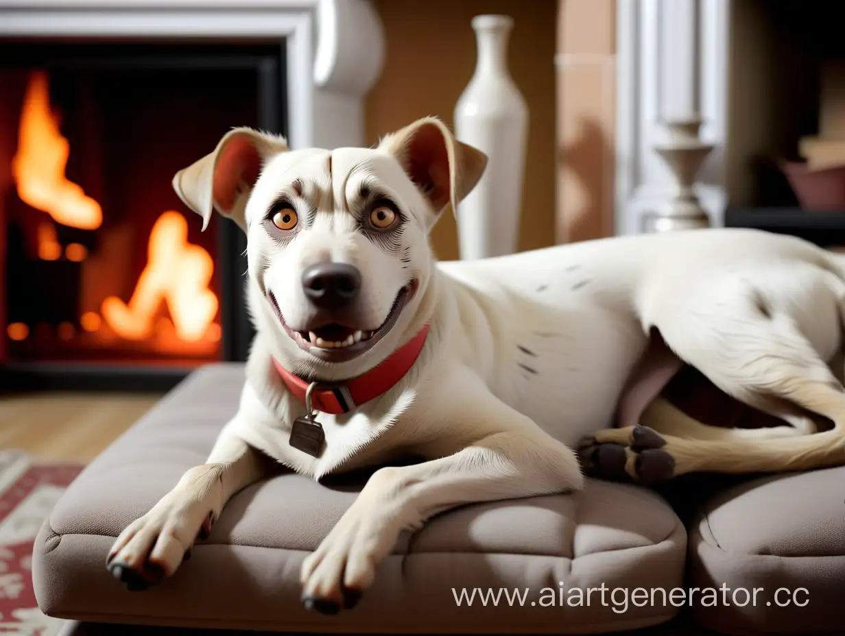 short-haired mongrel dog, white, lies on the sofa in the house by the fireplace, the dog is happy