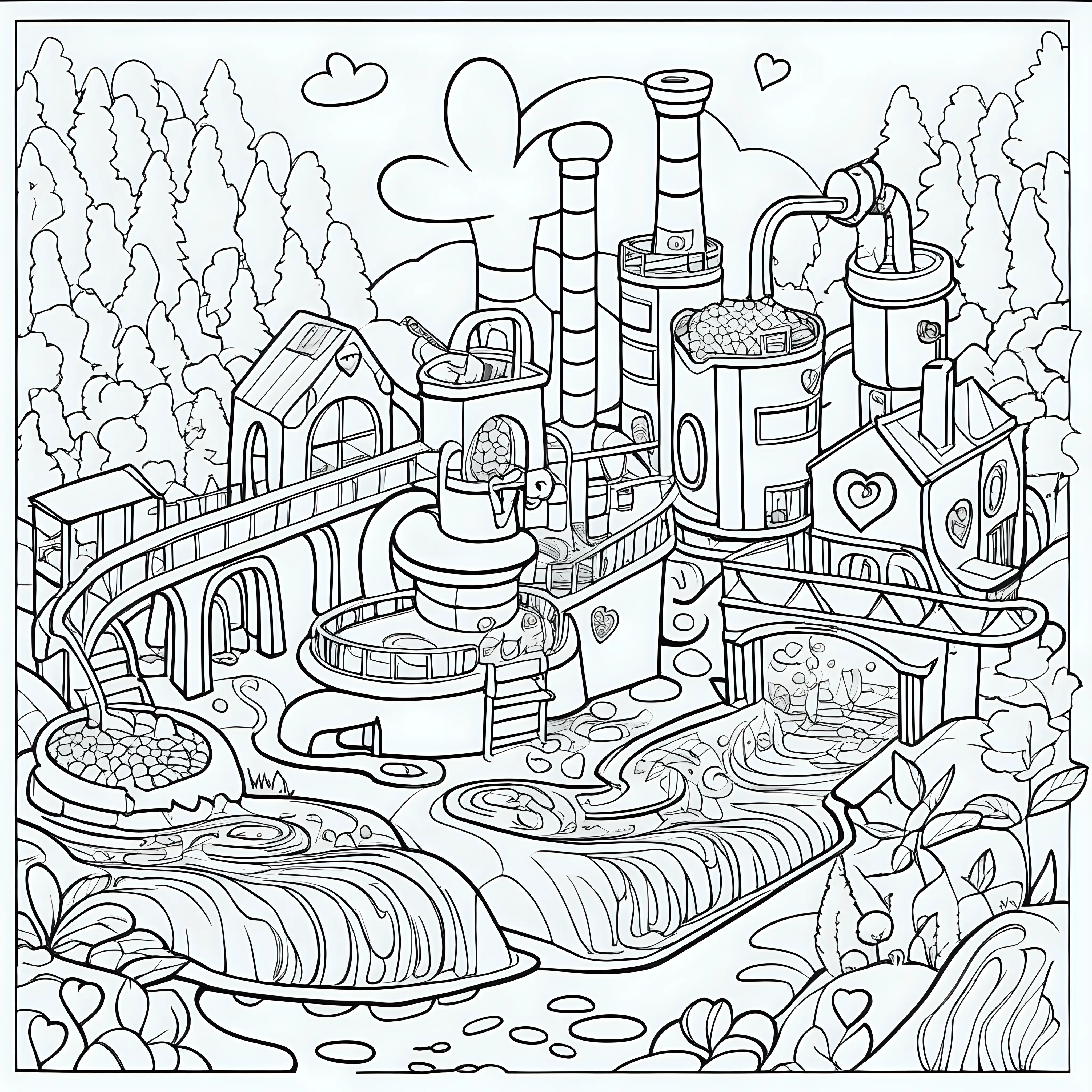 Create a coloring book page Chocolate Factory: A whimsical chocolate factory with chocolate rivers and heart-shaped molds. Use crisp lines and white background. Make it an easy-to-color design for children. --ar 17:22--model raw