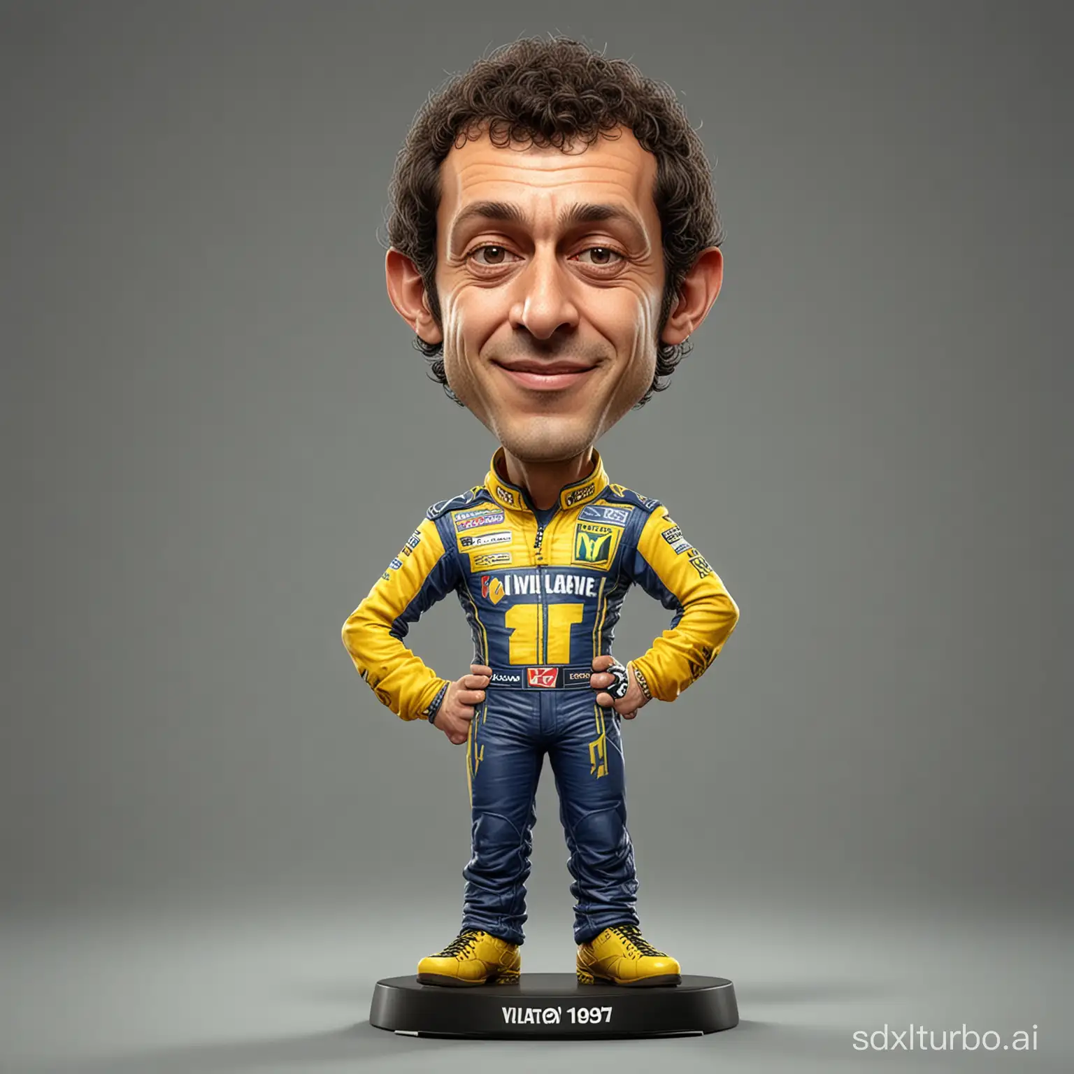 Caricature Valentino Rossi with masculine face, game character, stands at full height