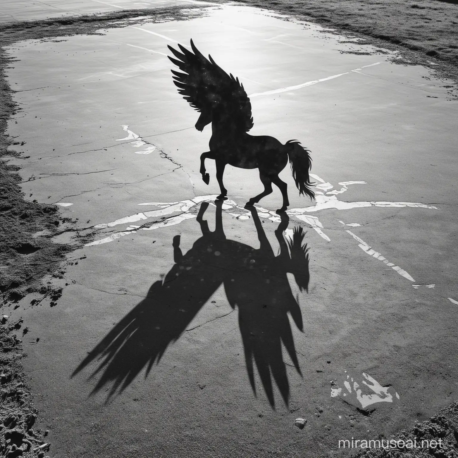 shadow of the icon of a pegasus drawn on the ground in the foreground. Half-zenith view. watercolor. black and white. sunset. --no text. --ar 3:5.