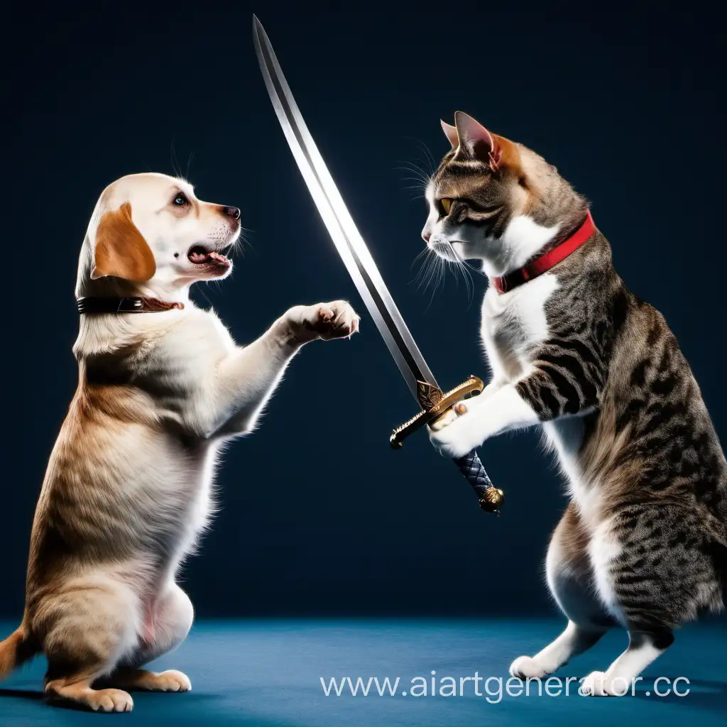 кот и собака сражаются на мечах