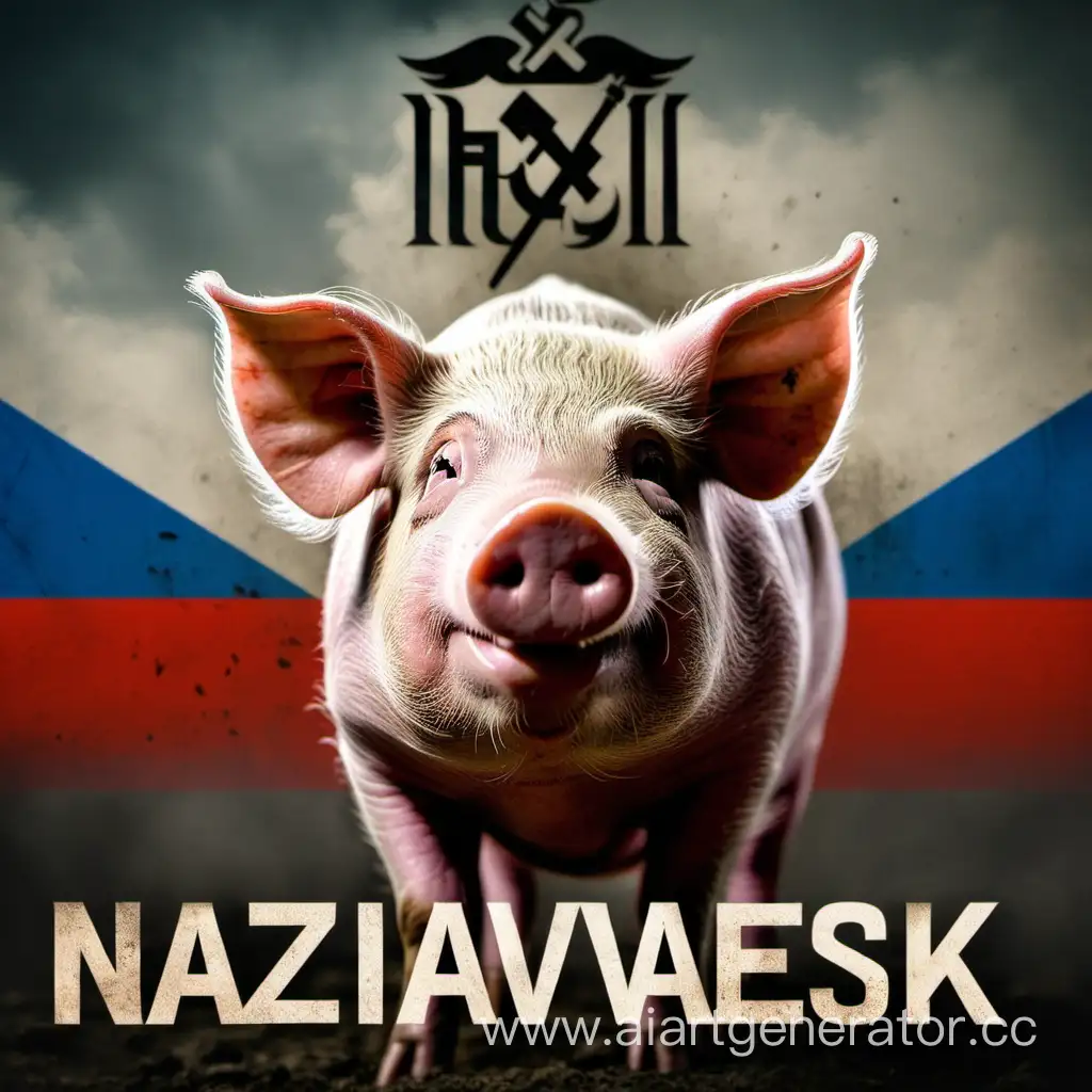 Свинья на фоне слов НАЗЫВАЕВСК 
на русском языке

