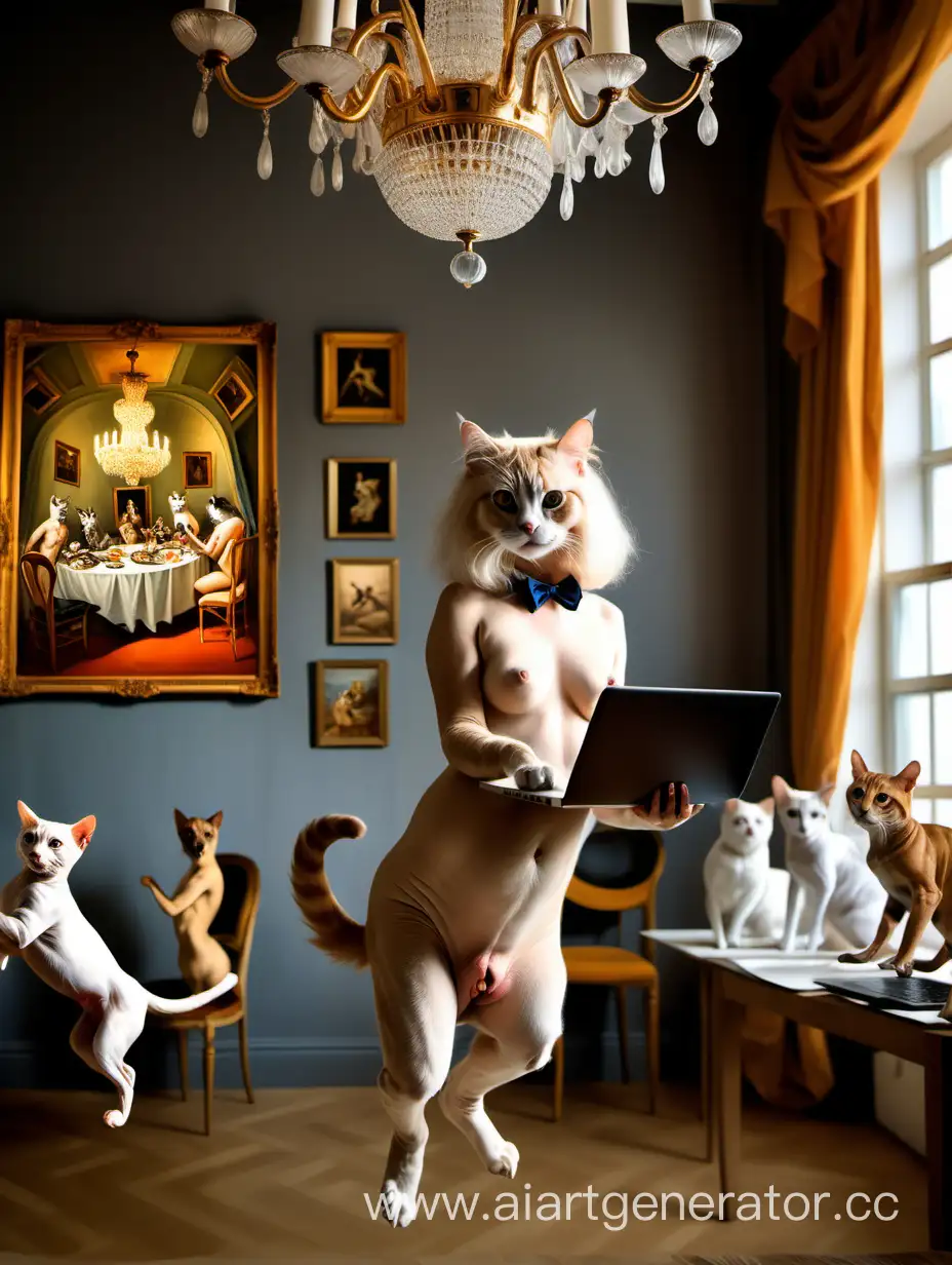 Женщина-кошка в костюме кошки в картинной галерее коуч консультирует онлайн с блокнотом и ноутбуком среди картин и обнаженной натуры. В стиле Сальвадор Дали в солнечном свете. Вокруг скачут собаки болонки на красивой люстре 
