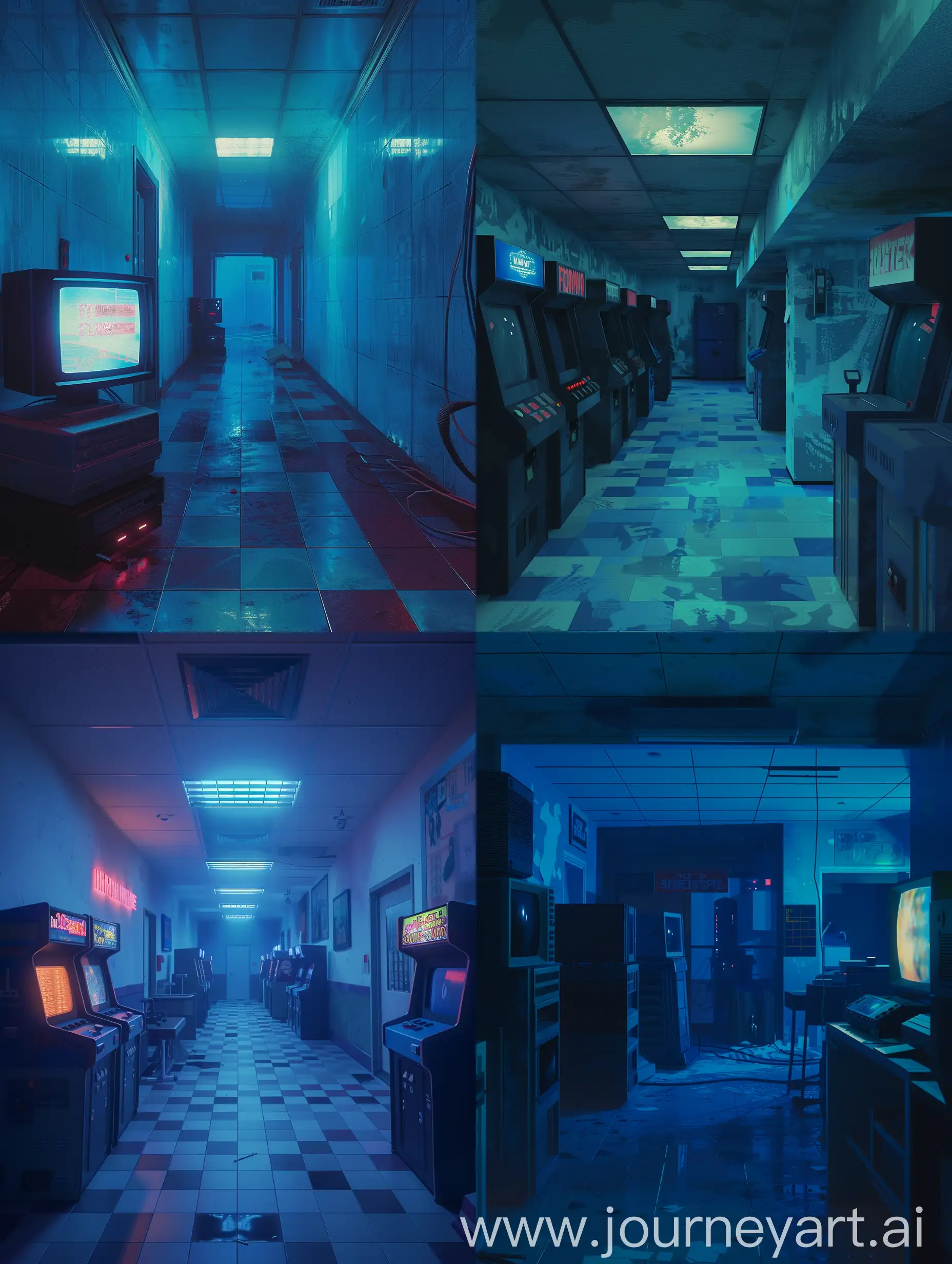 Early 2000s found footage, empty blockbuster, muted blue tones, low poly, nintendo 64 graphics