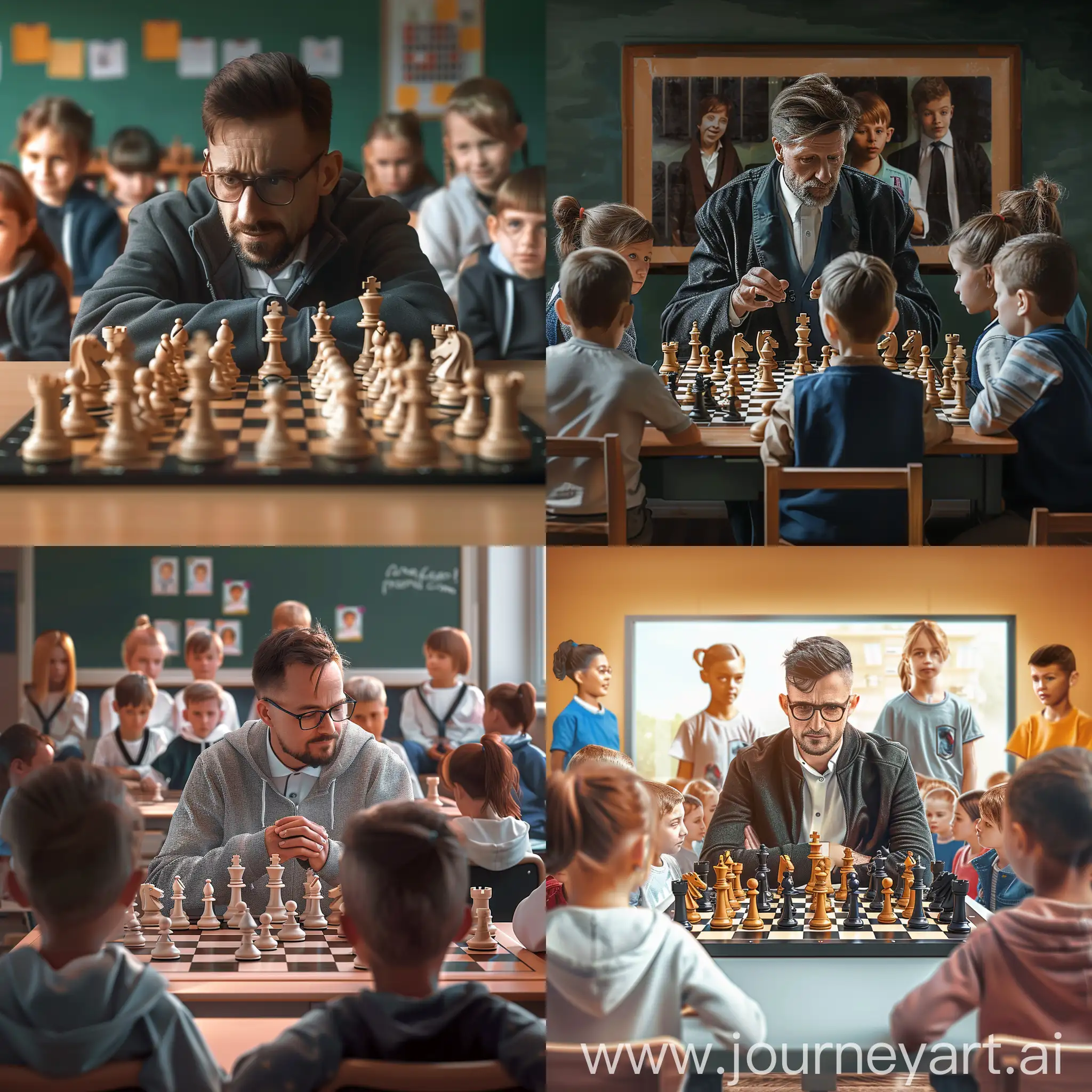 maestro de ajedrez hiper realista frente a clase en un salon de  una escuela con niños de educacion primaria