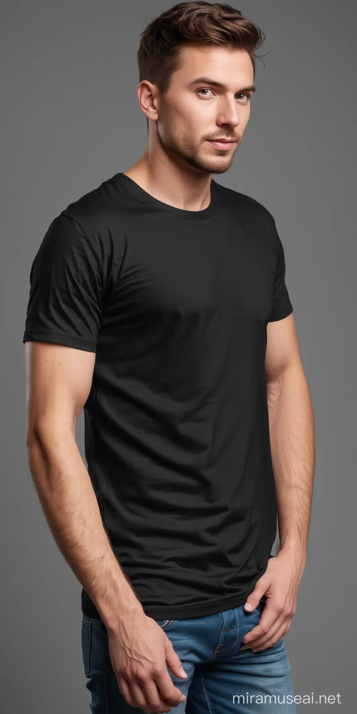 White Man wearing a plain black tshirt posing mockup 