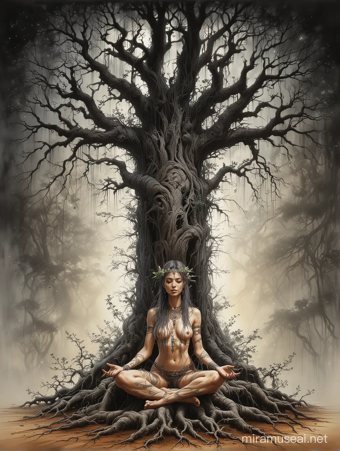 tree of life, cros section of earth, visible roots, luis royo style, beautiful goddess meditating under the tree sharing roots, sacred geometry, black ink details, vibrant colors, perfectly drawn, drawn with detail, lighting from above