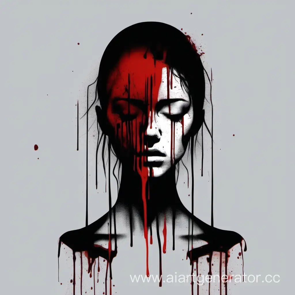 минимализм, черные и красные цвета, голова девушки, боль, кровь