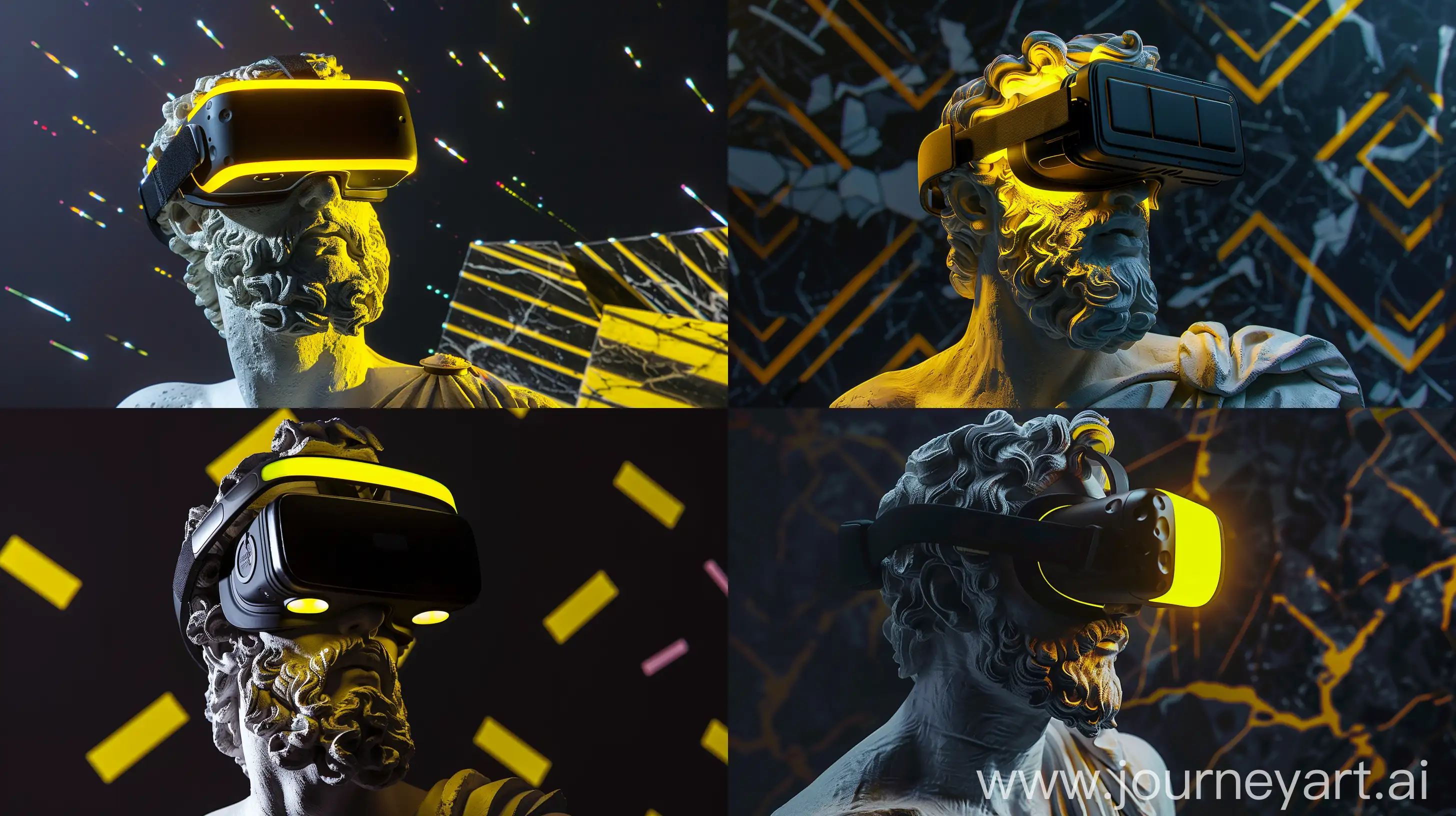 A Plaster Sculpture of Zeus, Modern Black VR Glasses With Yellow LED, Yellow Light Reflections on Sculpture, Abstract Pattern in Dark Background, Dreamy Pose, Medium Shot, High Precision --v 6.0 --ar 16:9