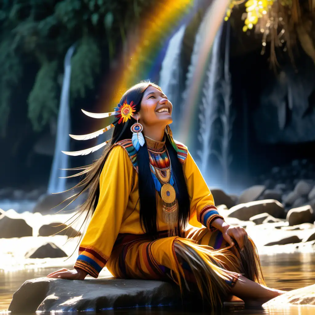 Una mujer inca feliz,sentada a las orillas del río, peinando su cabello largo y negro, vestida en oro y plumas de colores, el agua es cristalina y hay una cascada atrás y el sol refleja sus rayos en el agua creando un arcoiris