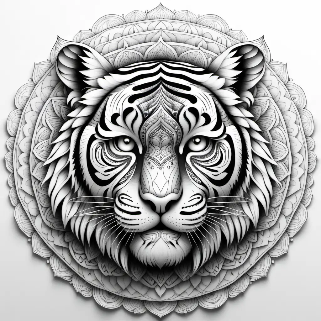 Tigergesicht, von vorne, schwarz, weiß, mit feinen Linien, weißer Hintergrund, Style: Mandala