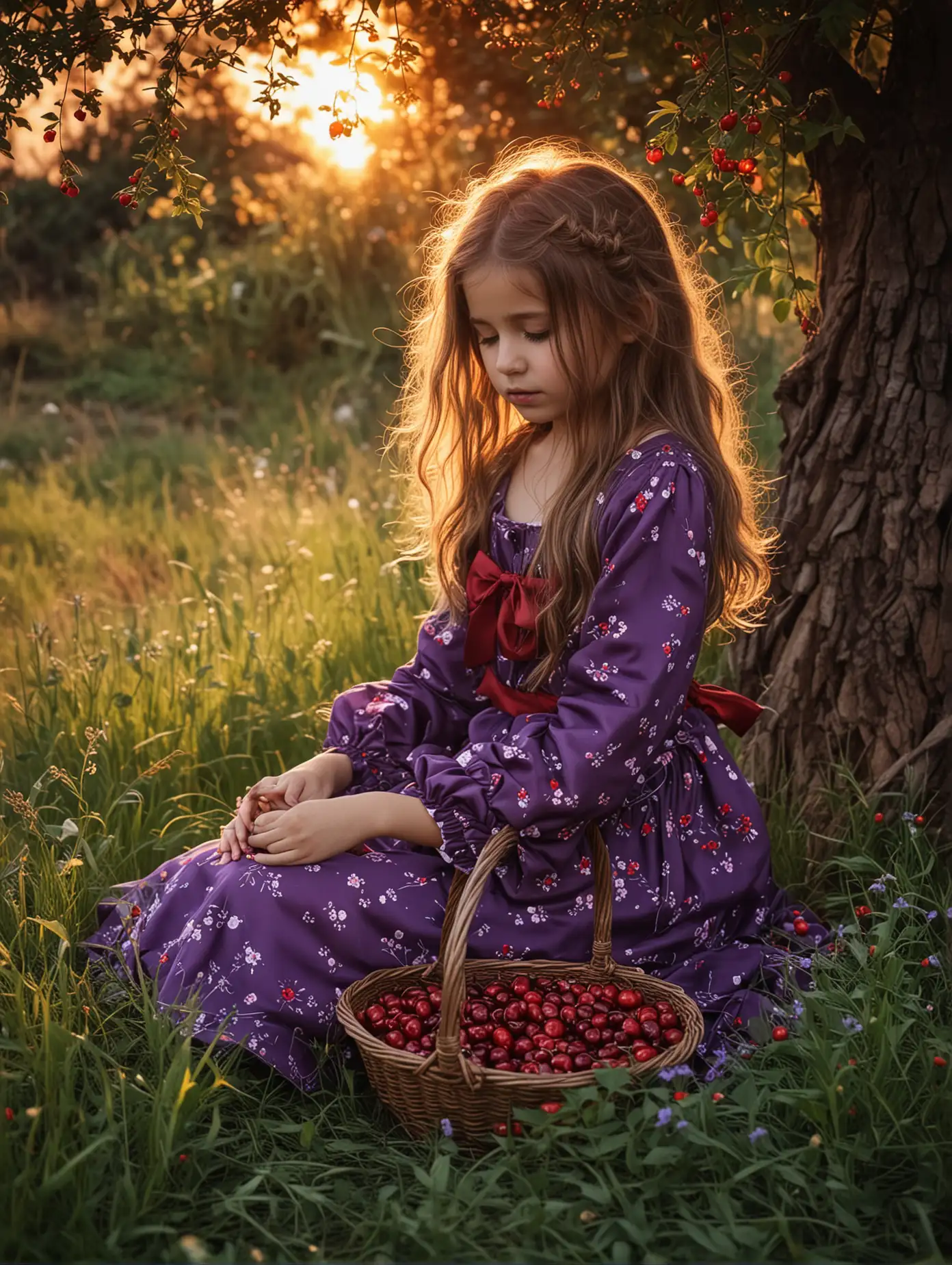 backlight child  sad  dress high_ grass basket   cherries  long   hair purple flowers stormy sunset wind is sitting  red_bow_in_hair tree