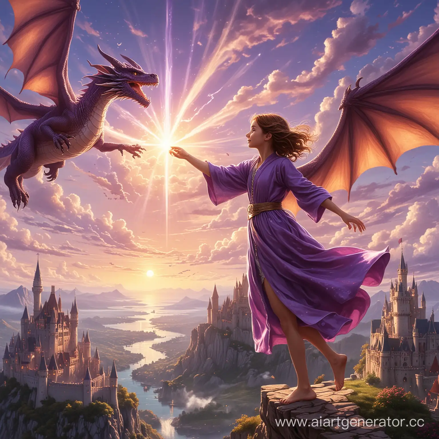 A castle is visible in the distance, and a dragon is flying in the sky above it. In front is a girl with brown hair, in whose hands a magical light shines. She's wearing a purple robe.