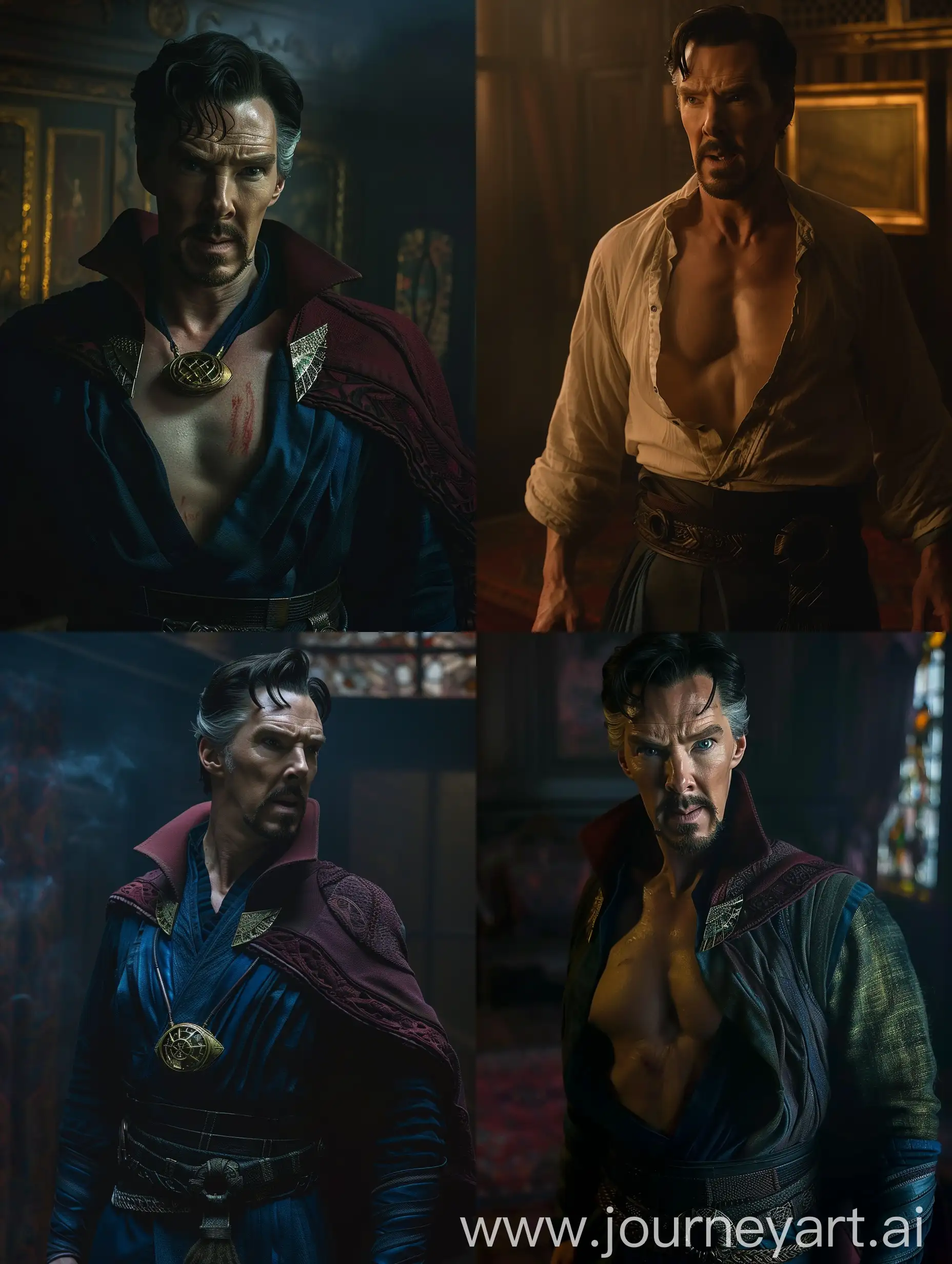 Doctor Strange,  open shirt, exposing chest, in a dark room