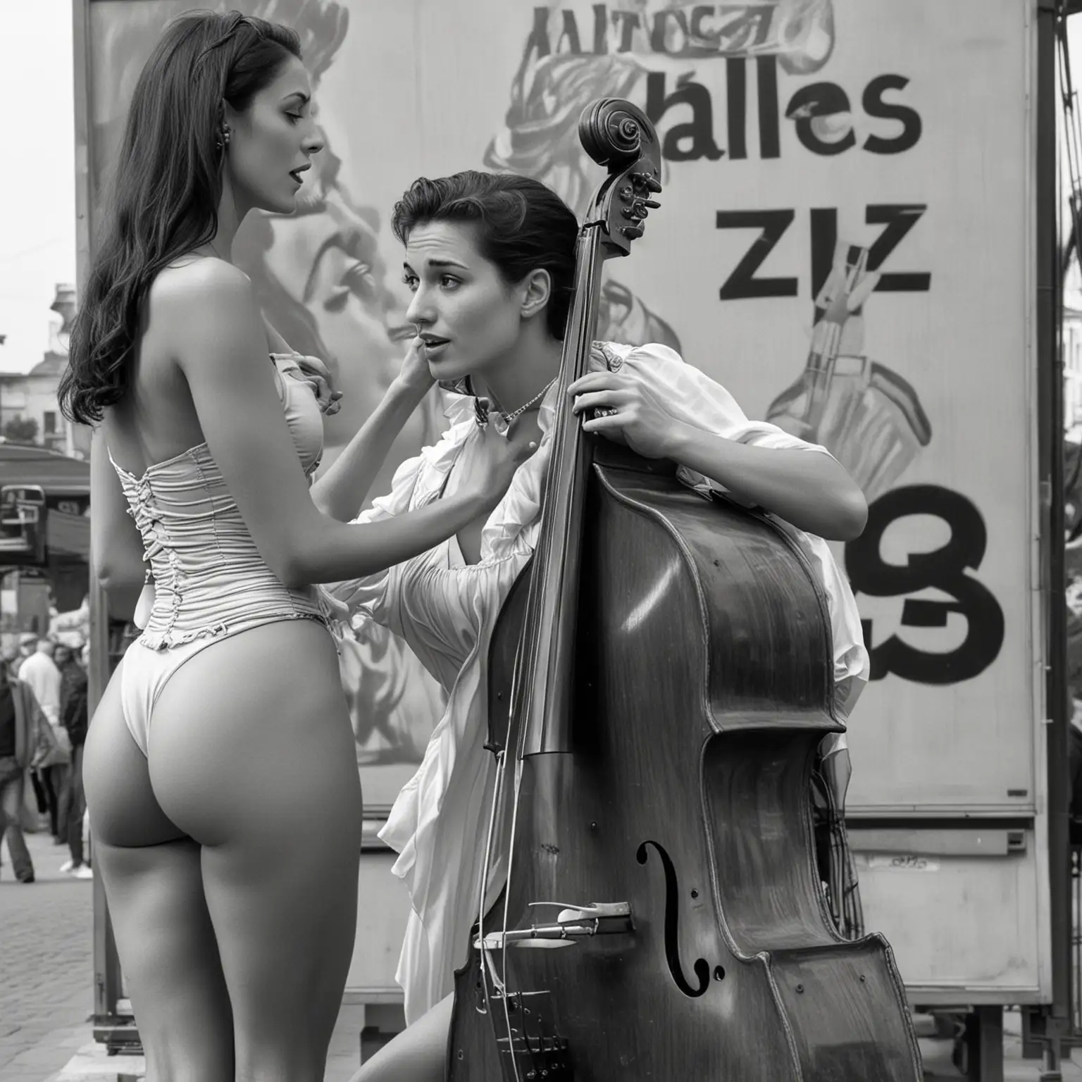 sexy Italian woman  with double bass; in the background a billboard with "ALTES ZEUG" next to a man playing the trumpet
