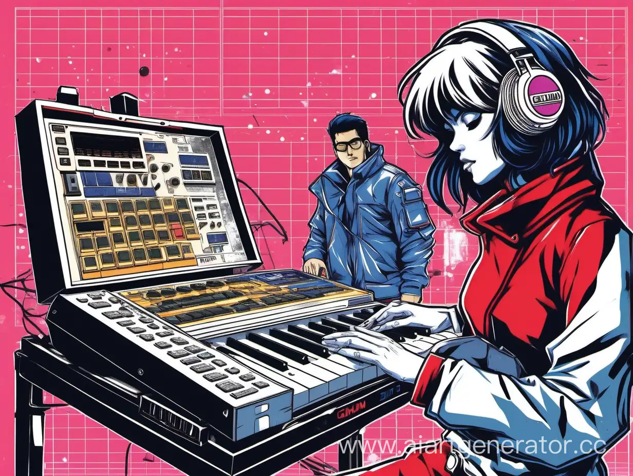a gundam making beats on a akai mpc and a roland sp-404 sample groovebox, a woman watches him in love, 90 style illustration