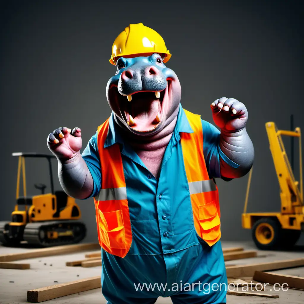 весёлый счастливый бегемот в строительной одежде смеется и радуется