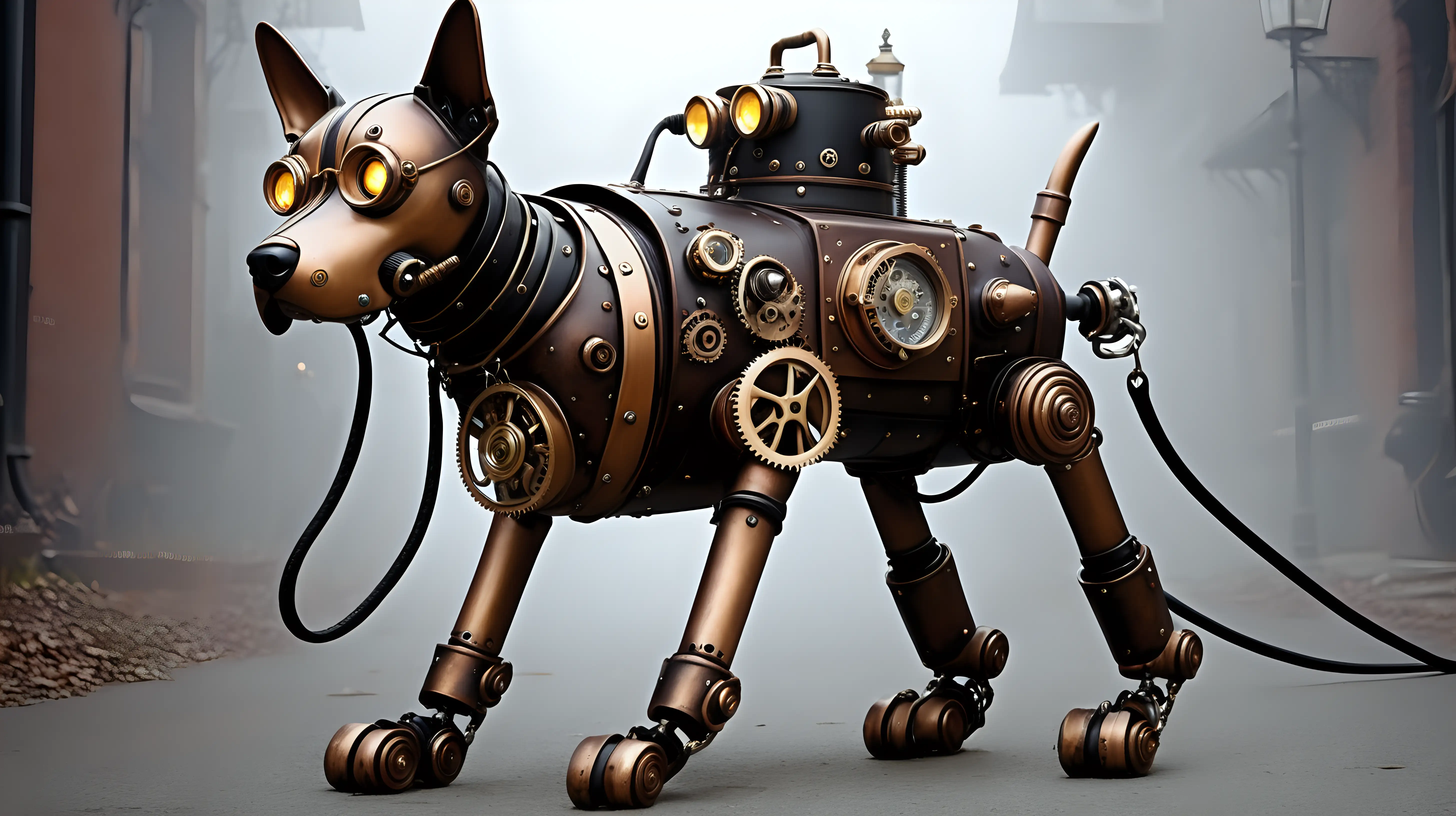 Steampunk Robot Dog with Women in Soft Lights Leash in Street Fog