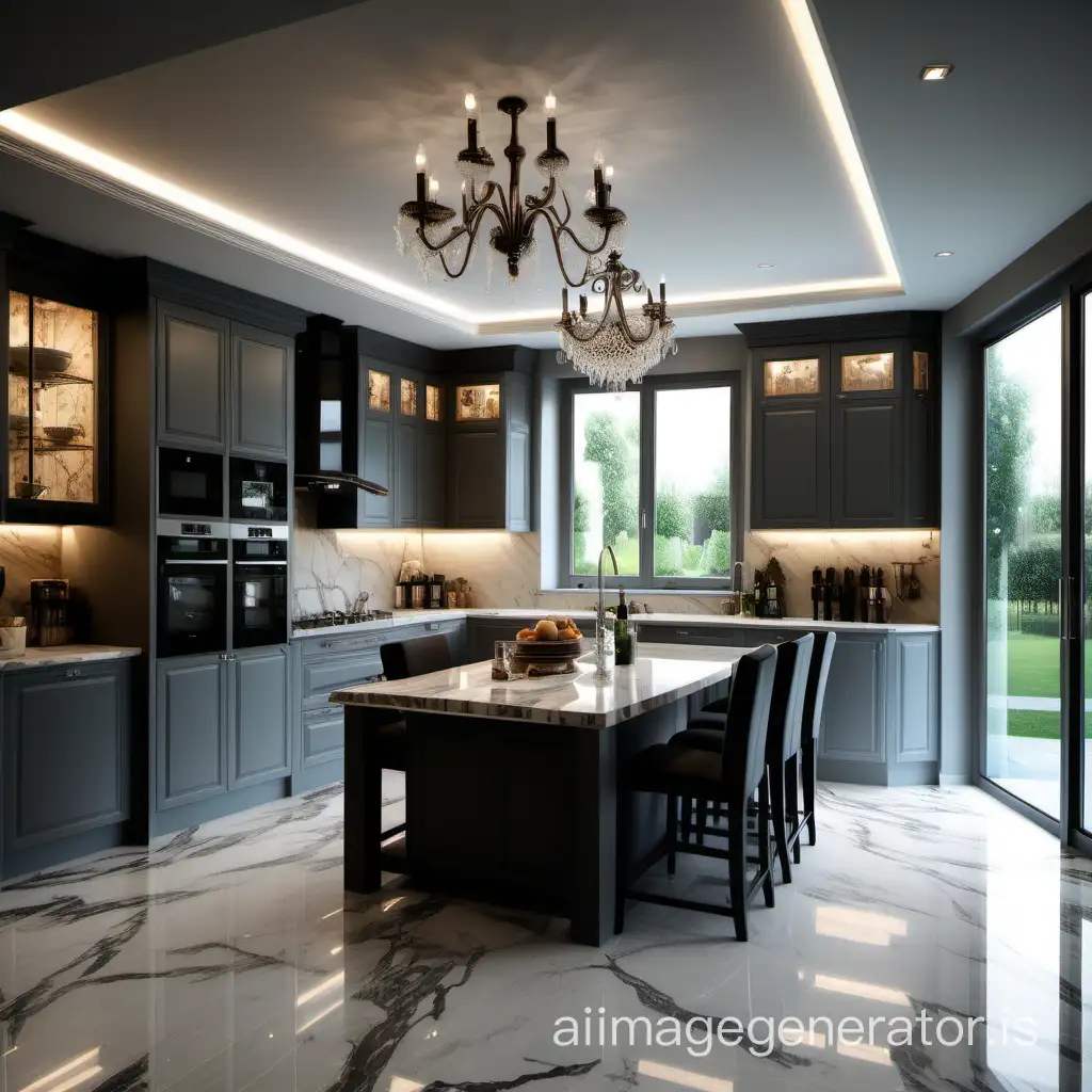 realistic country kitchen, 4k, Raw photo, detailed, patterned carped, island kitchen, balkony door, led lighting, suspended ceiling, modern chandelier, dining sets, marble floor, two glass cabinets