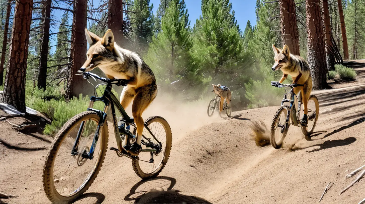 Coyotes Ambushing Mountain Bikers in Pine Forest