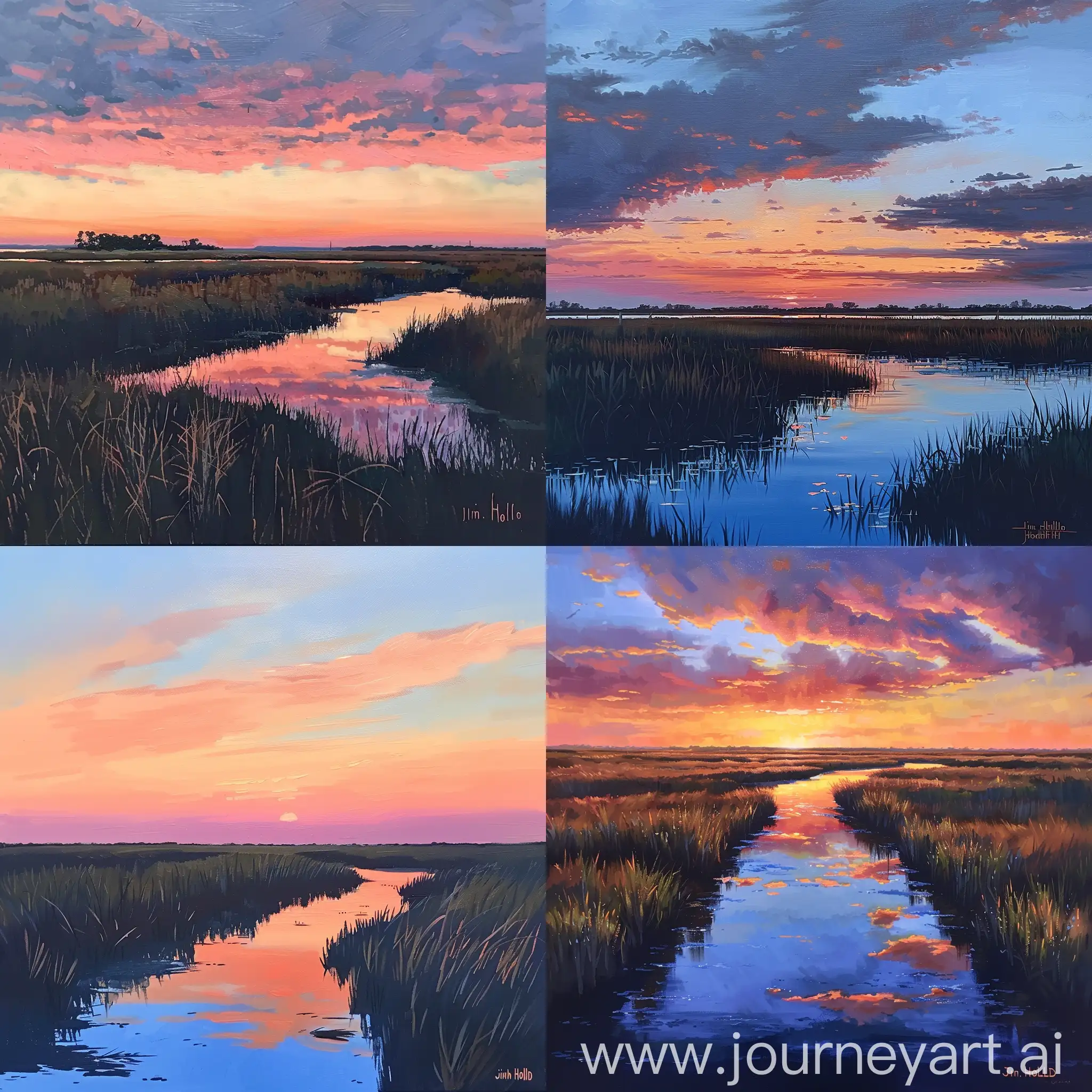 Marsh sunset in style of Jim holland